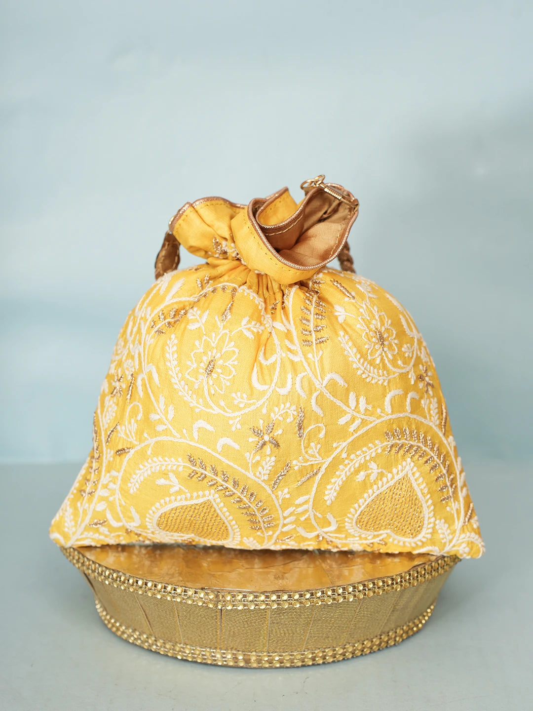 Ada Hand Embroidered Yellow Silk Lucknowi Chikankari Potli Bag With Zari Work 01A578164
