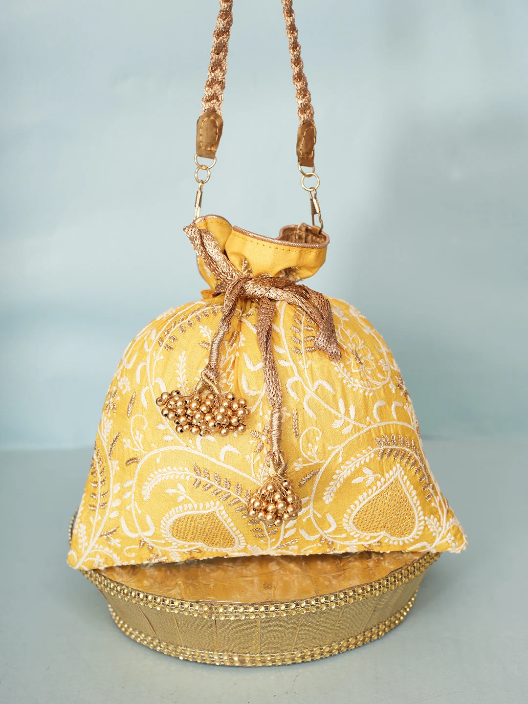 Ada Hand Embroidered Yellow Silk Lucknowi Chikankari Potli Bag With Zari Work 01A578164