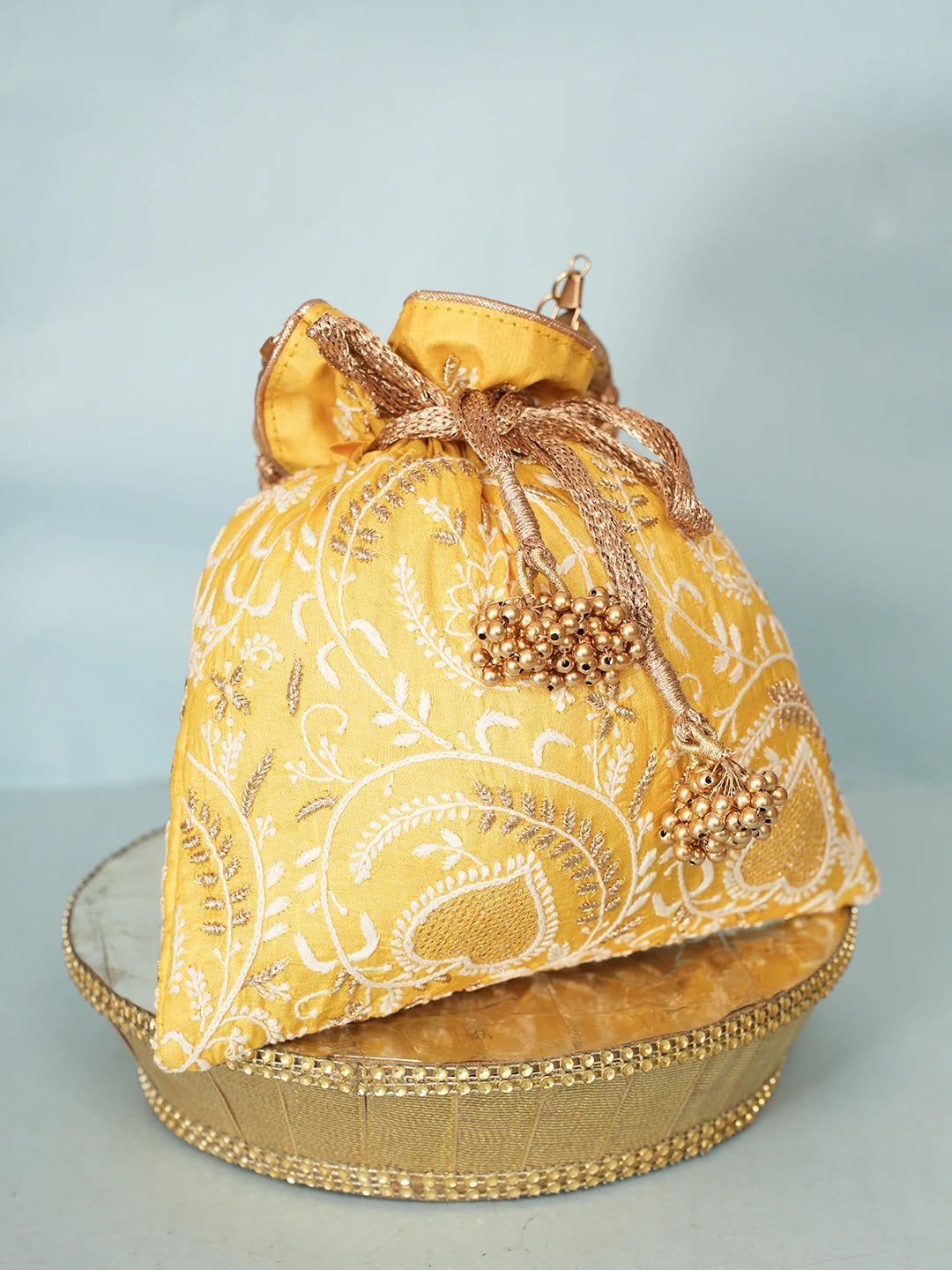 Ada Hand Embroidered Yellow Silk Lucknowi Chikankari Potli Bag With Zari Work 01A578164