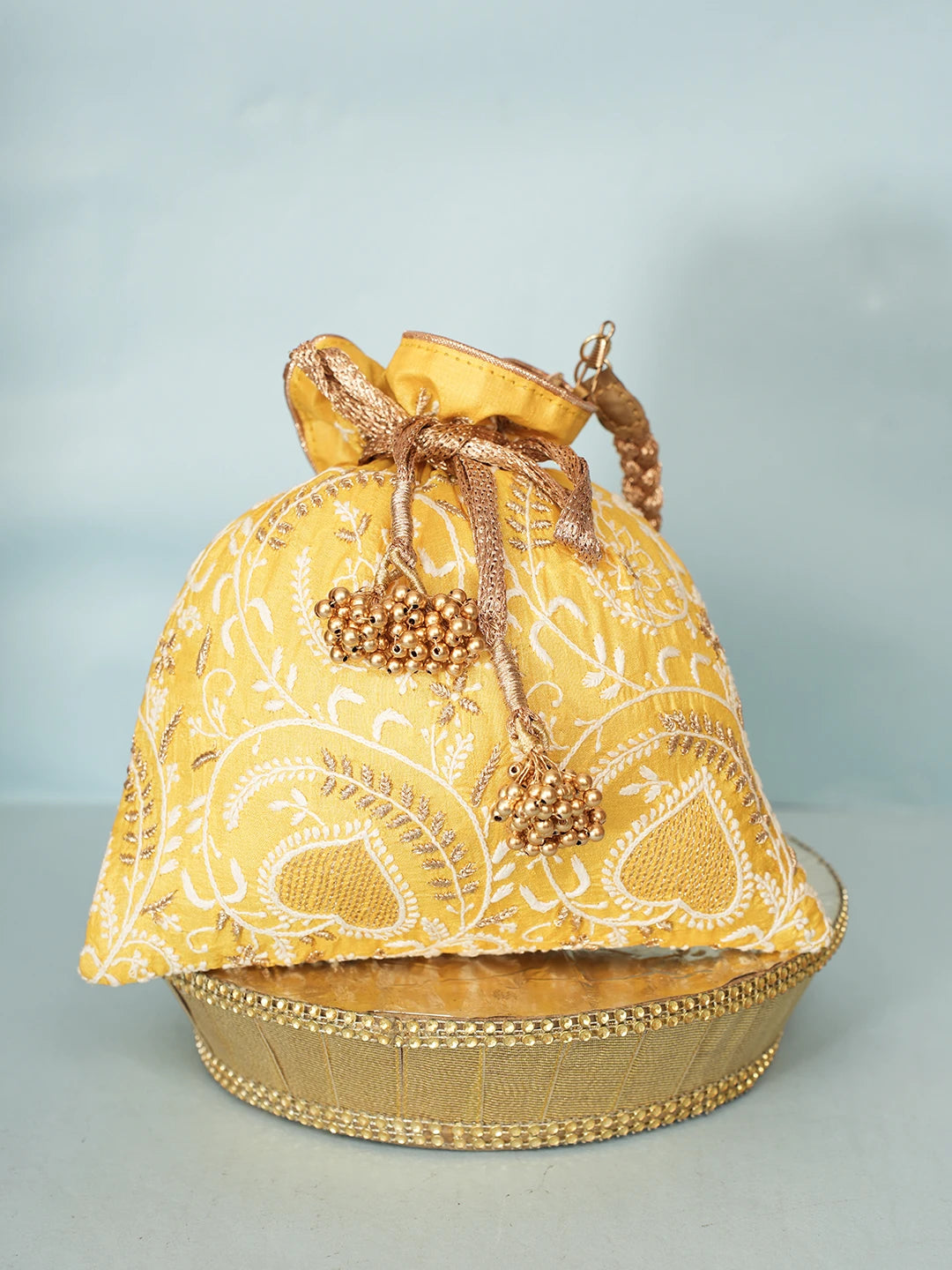 Ada Hand Embroidered Yellow Silk Lucknowi Chikankari Potli Bag With Zari Work 01A578164