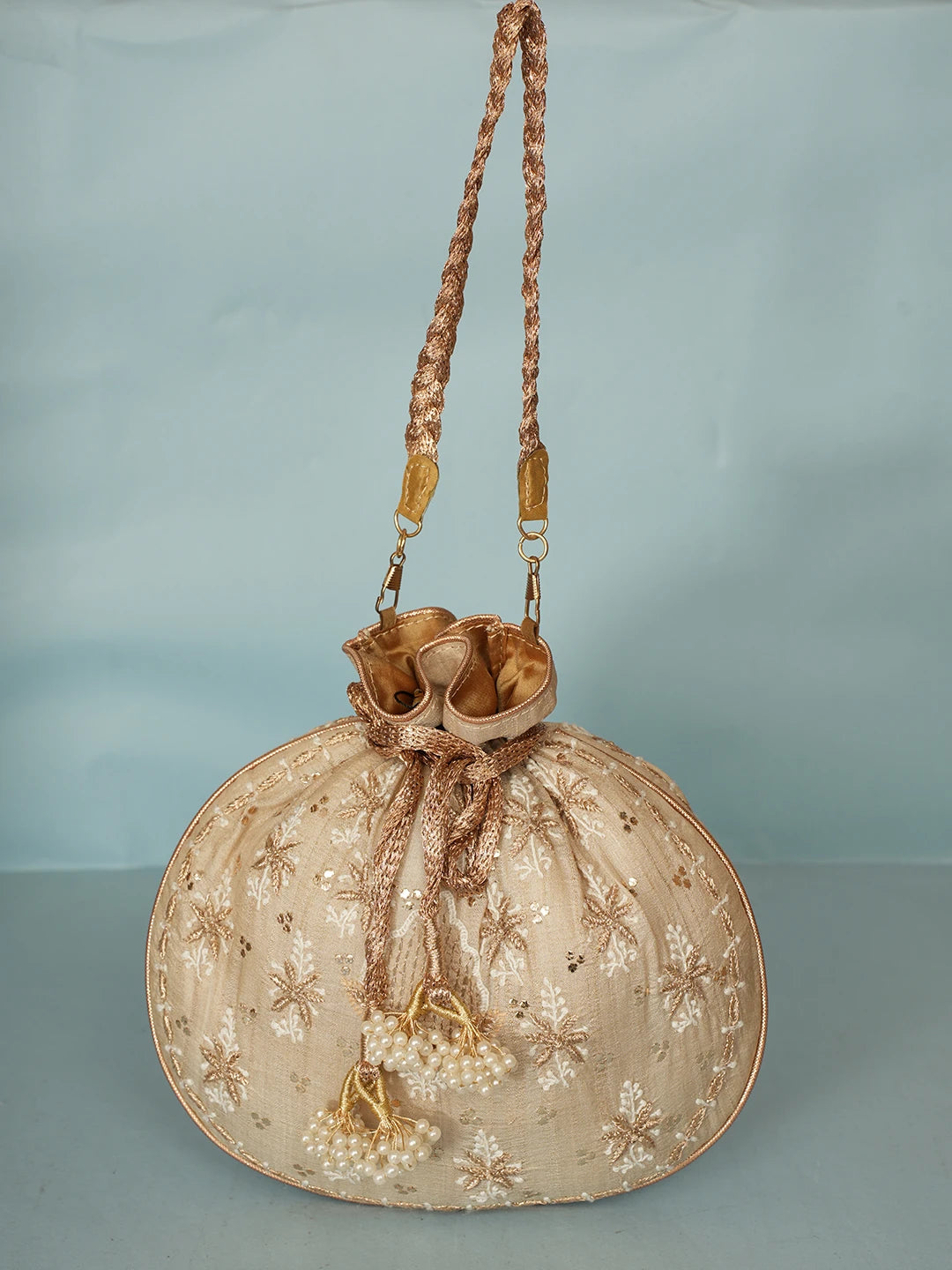 Ada Hand Embroidered Fawn Silk Lucknowi Chikankari Potli Bag With Zari Work 01A578126