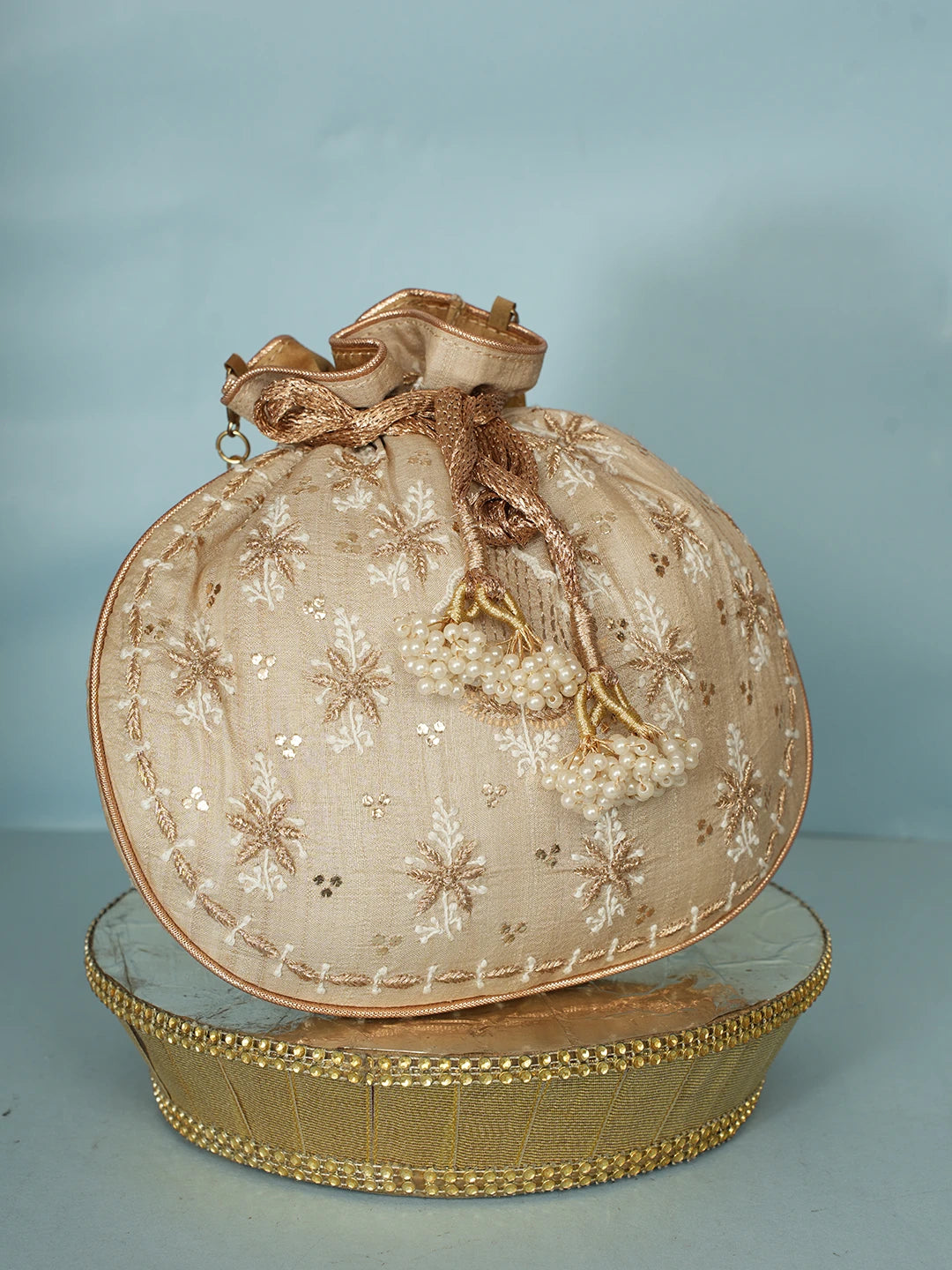 Ada Hand Embroidered Fawn Silk Lucknowi Chikankari Potli Bag With Zari Work 01A578126