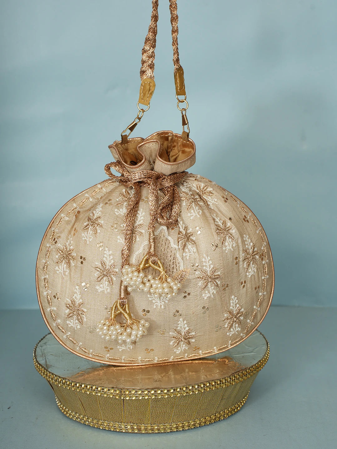 Ada Hand Embroidered Fawn Silk Lucknowi Chikankari Potli Bag With Zari Work 01A578126