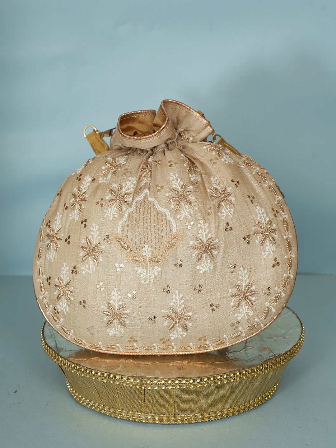 Ada Hand Embroidered Fawn Silk Lucknowi Chikankari Potli Bag With Zari Work 01A578126
