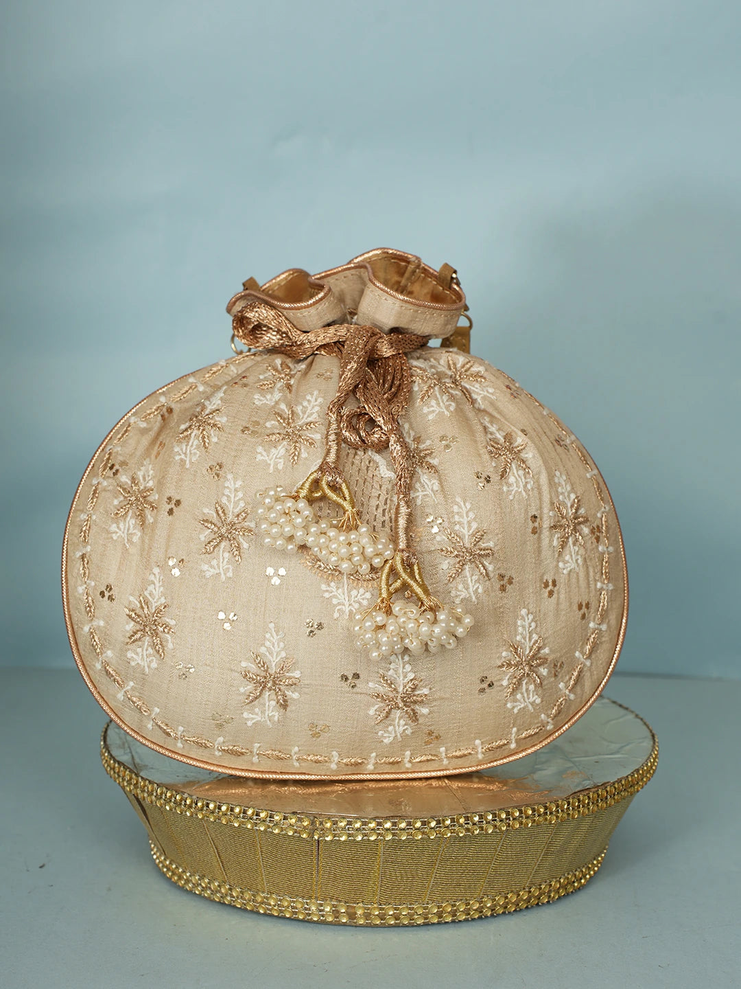 Ada Hand Embroidered Fawn Silk Lucknowi Chikankari Potli Bag With Zari Work 01A578126