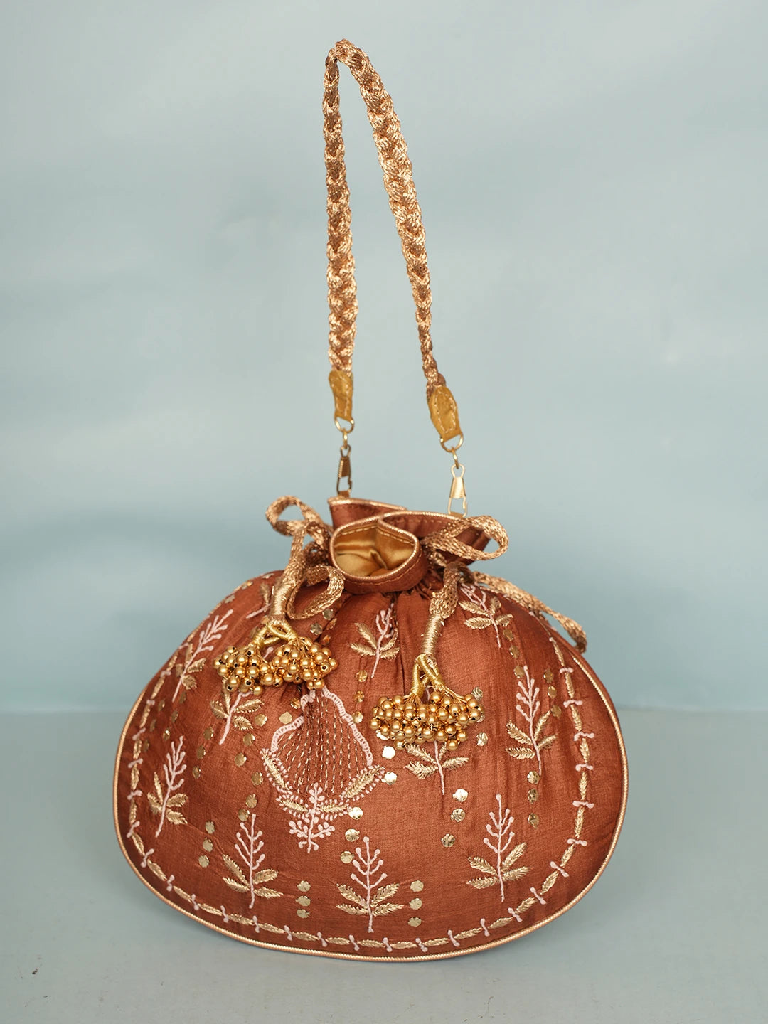 Ada Hand Embroidered Fawn Silk Lucknowi Chikankari Potli Bag With Zari Work 01A578131