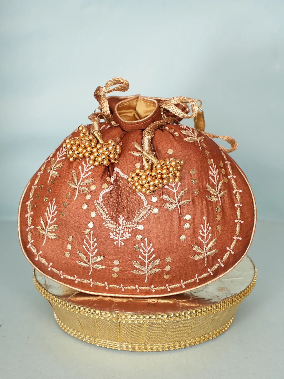 Ada Hand Embroidered Fawn Silk Lucknowi Chikankari Potli Bag With Zari Work 01A578131