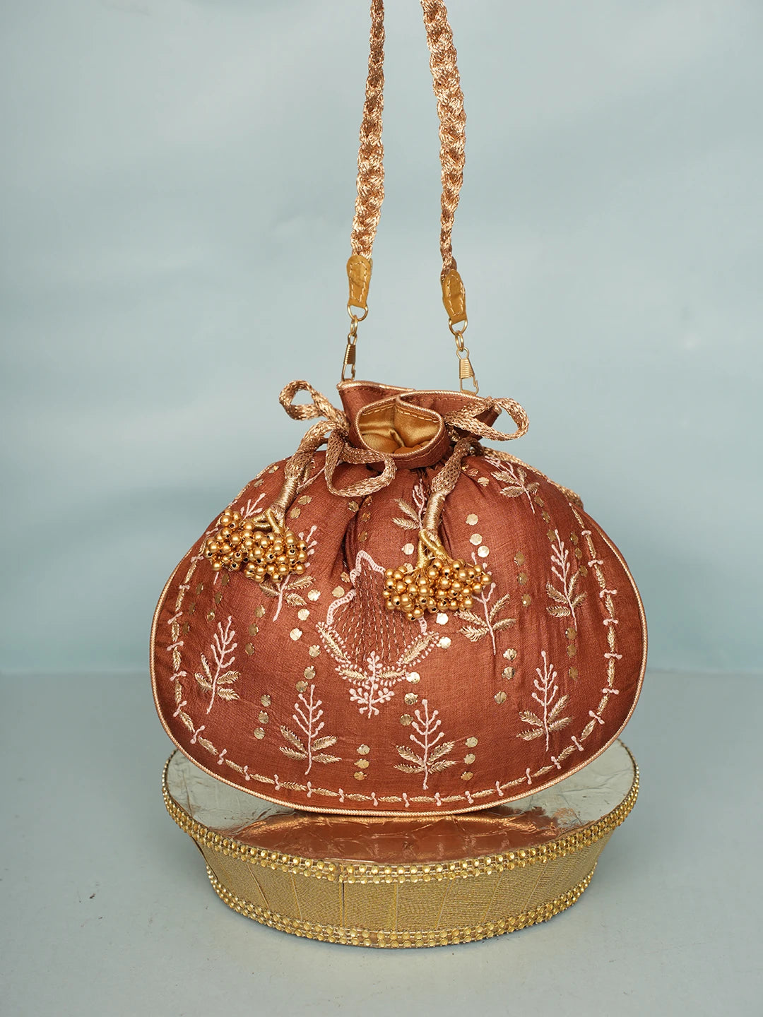 Ada Hand Embroidered Fawn Silk Lucknowi Chikankari Potli Bag With Zari Work 01A578131