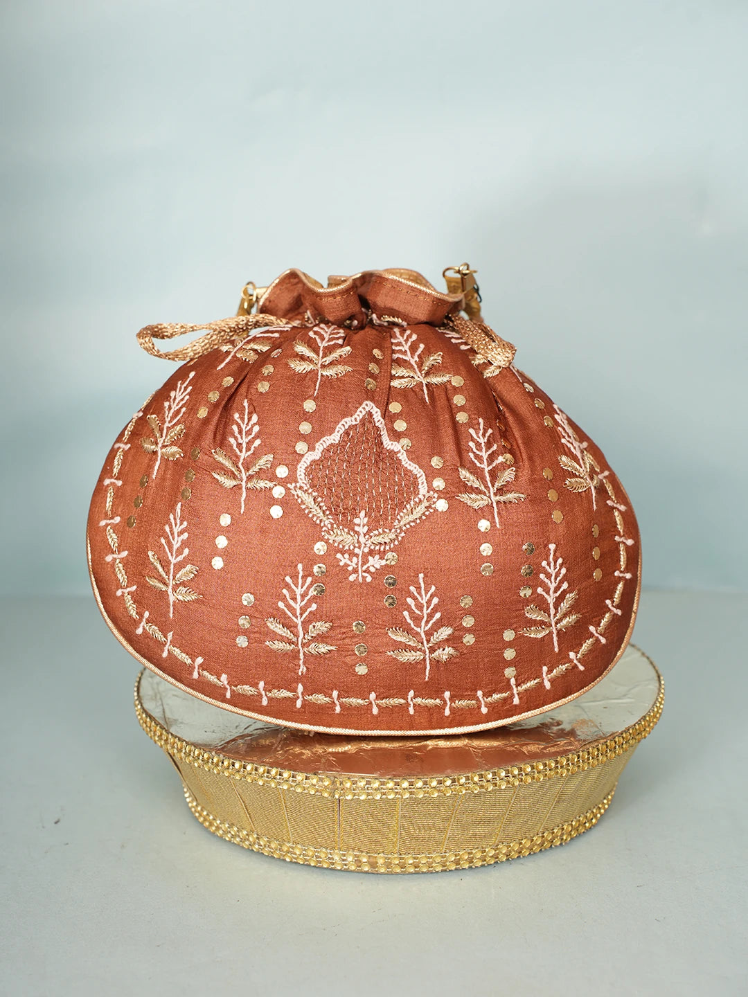 Ada Hand Embroidered Fawn Silk Lucknowi Chikankari Potli Bag With Zari Work 01A578131