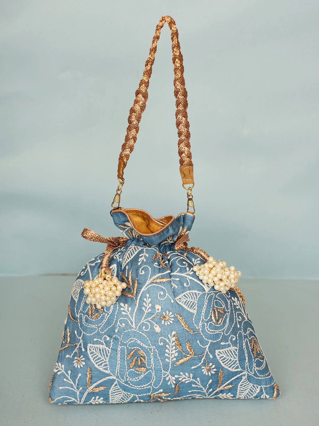 Ada Hand Embroidered Blue Silk Lucknowi Chikankari Potli Bag With Zari Work 01A578162
