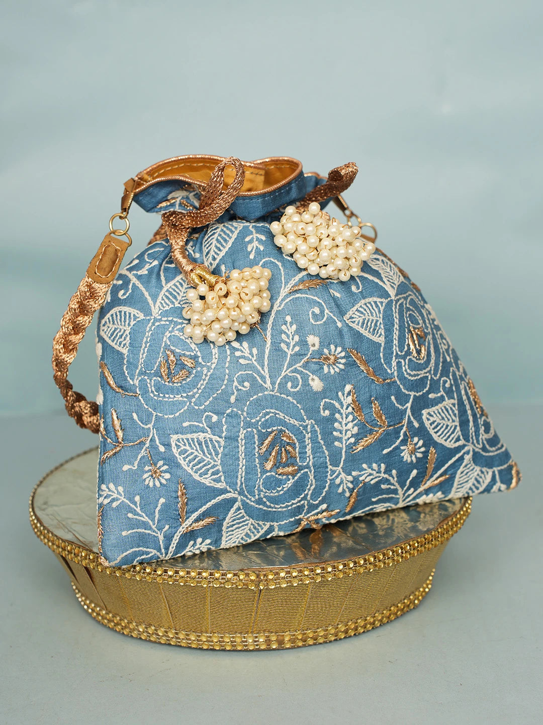 Ada Hand Embroidered Blue Silk Lucknowi Chikankari Potli Bag With Zari Work 01A578162