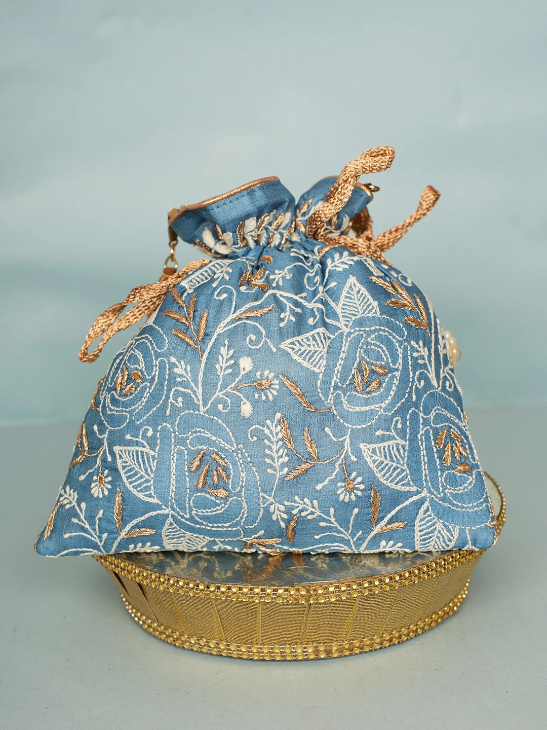 Ada Hand Embroidered Blue Silk Lucknowi Chikankari Potli Bag With Zari Work 01A578162