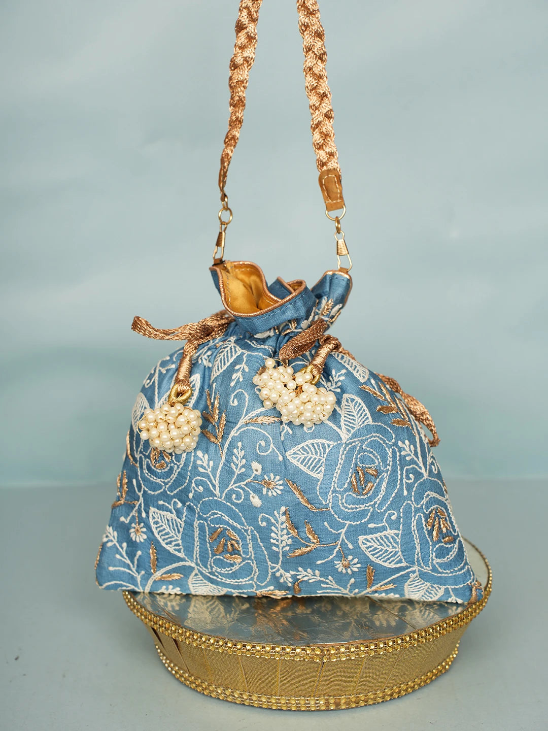 Ada Hand Embroidered Blue Silk Lucknowi Chikankari Potli Bag With Zari Work 01A578162