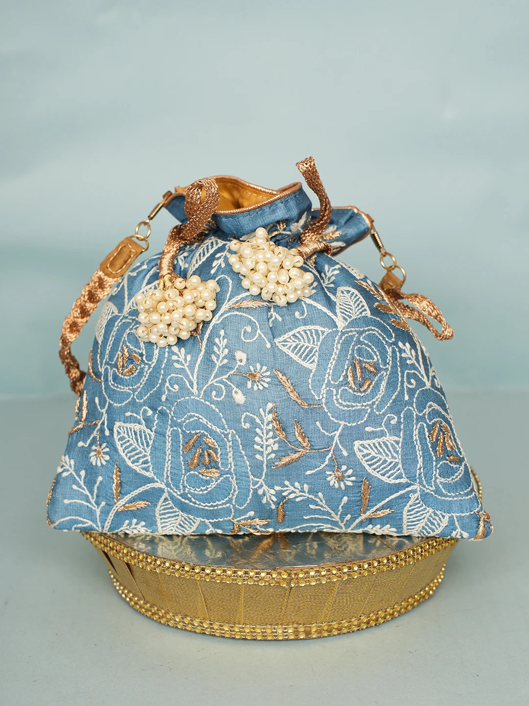 Ada Hand Embroidered Blue Silk Lucknowi Chikankari Potli Bag With Zari Work 01A578162
