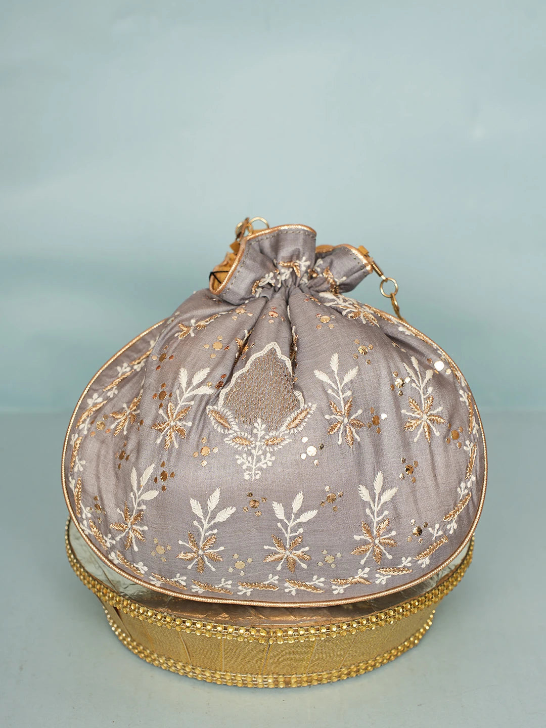 Ada Hand Embroidered Grey Silk Lucknowi Chikankari Potli Bag With Zari Work 01A578120