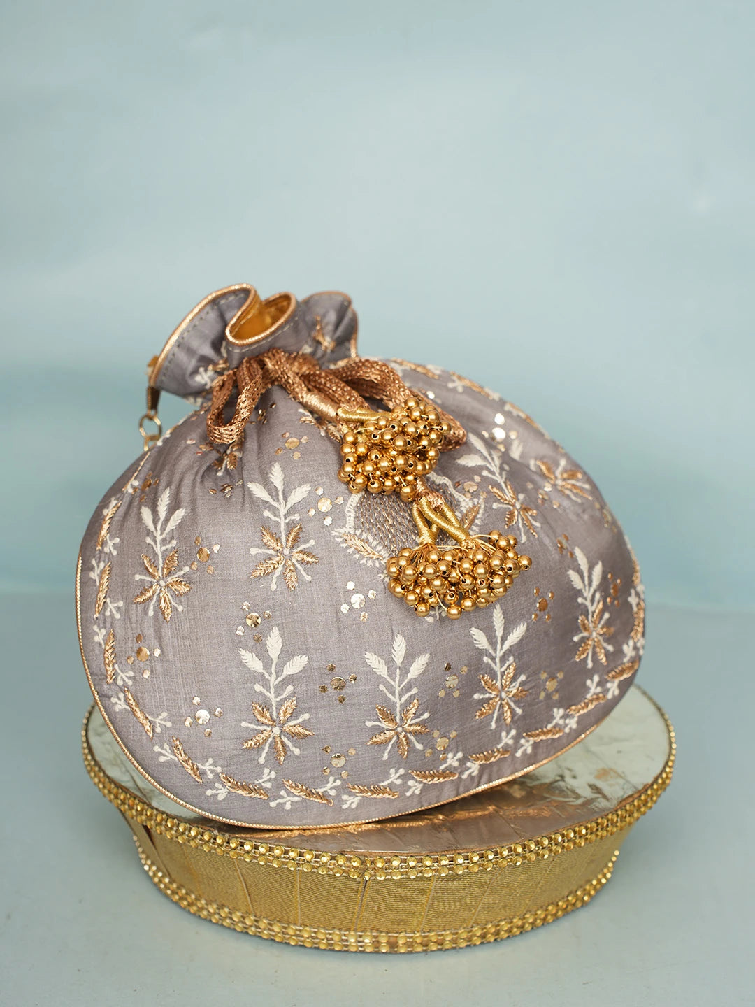Ada Hand Embroidered Grey Silk Lucknowi Chikankari Potli Bag With Zari Work 01A578120