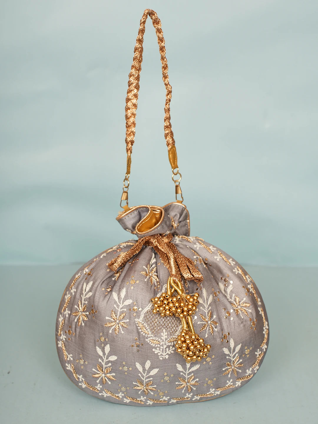 Ada Hand Embroidered Grey Silk Lucknowi Chikankari Potli Bag With Zari Work 01A578120