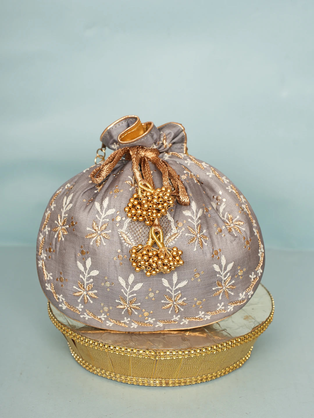 Ada Hand Embroidered Grey Silk Lucknowi Chikankari Potli Bag With Zari Work 01A578120