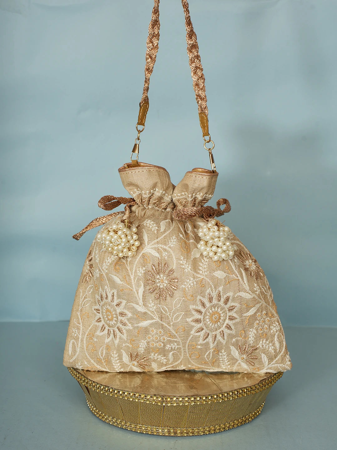 Ada Hand Embroidered Fawn Silk Lucknowi Chikankari Potli Bag With Zari Work 01A578143