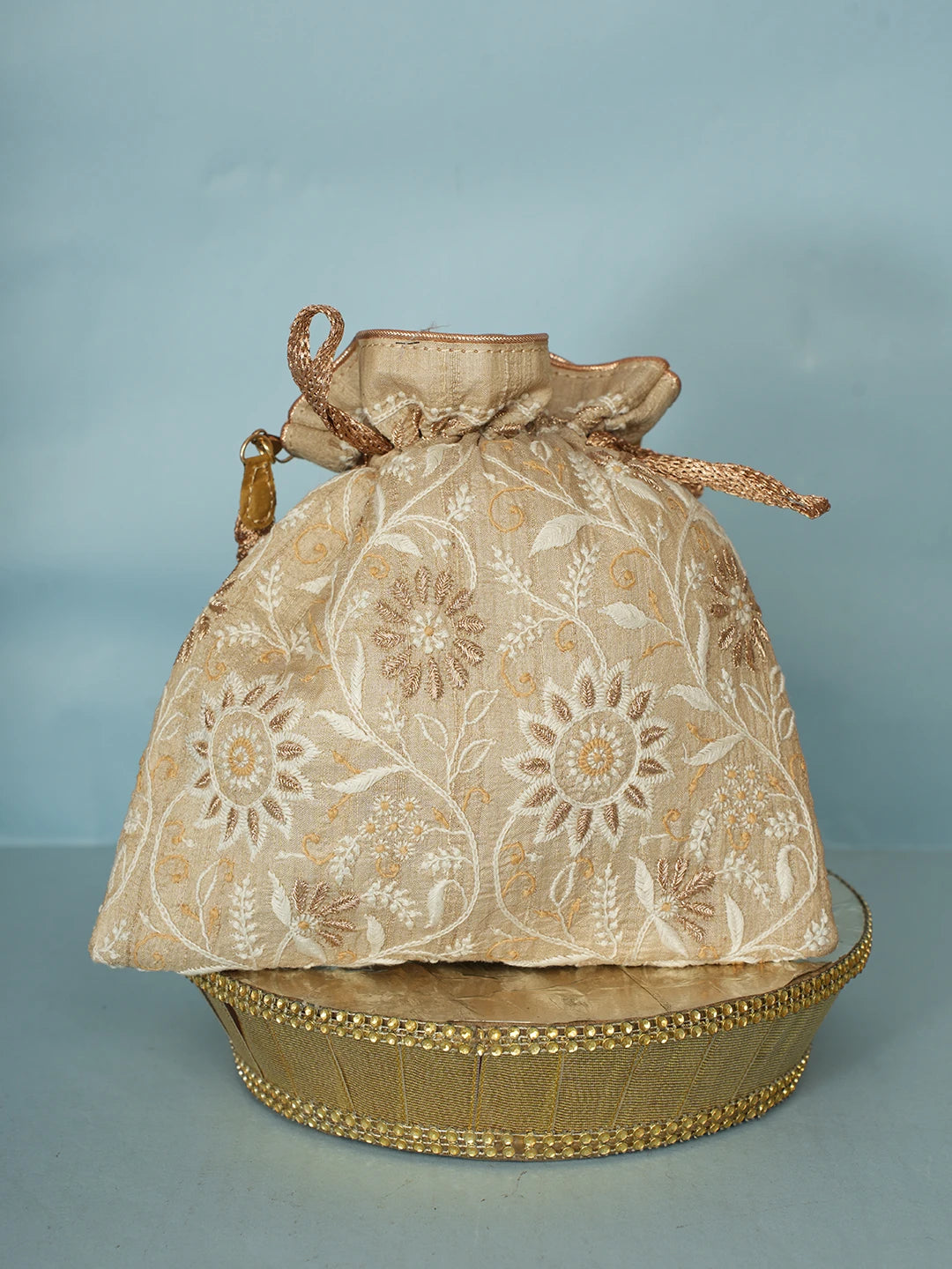 Ada Hand Embroidered Fawn Silk Lucknowi Chikankari Potli Bag With Zari Work 01A578143