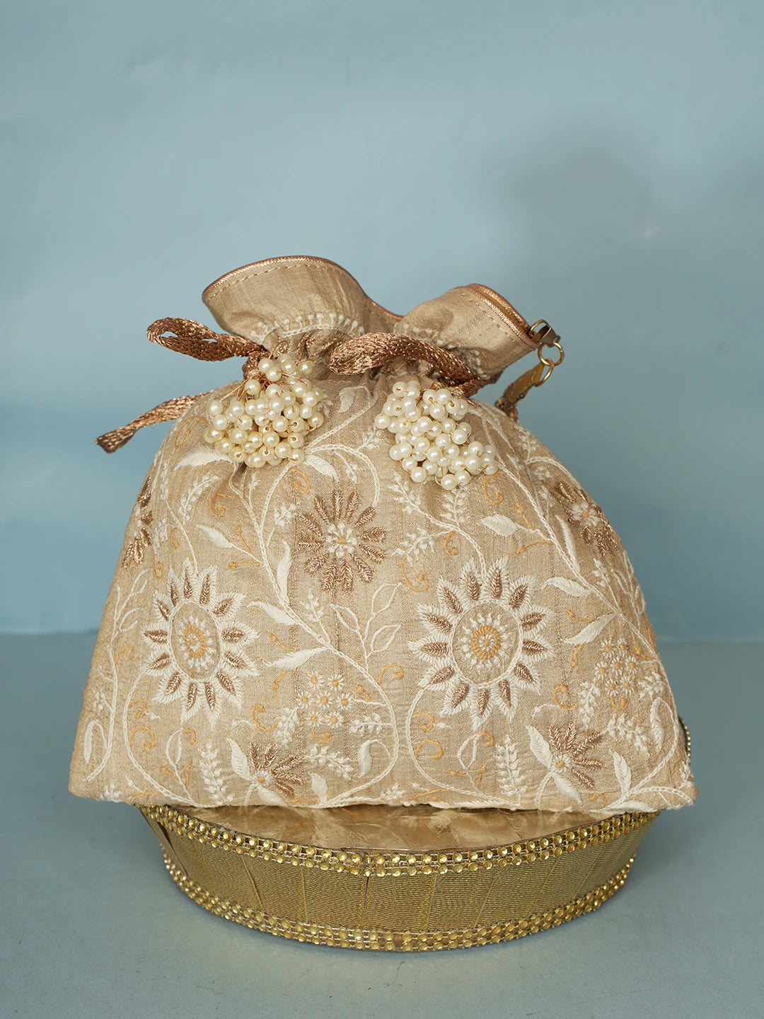 Ada Hand Embroidered Fawn Silk Lucknowi Chikankari Potli Bag With Zari Work 01A578143