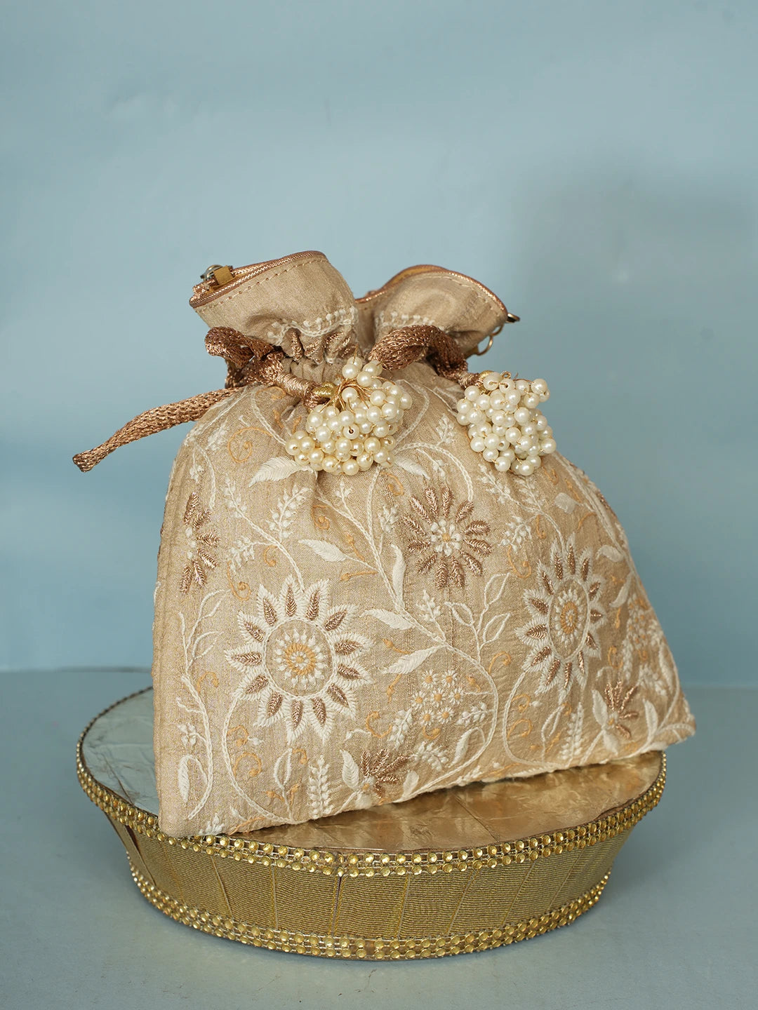 Ada Hand Embroidered Fawn Silk Lucknowi Chikankari Potli Bag With Zari Work 01A578143