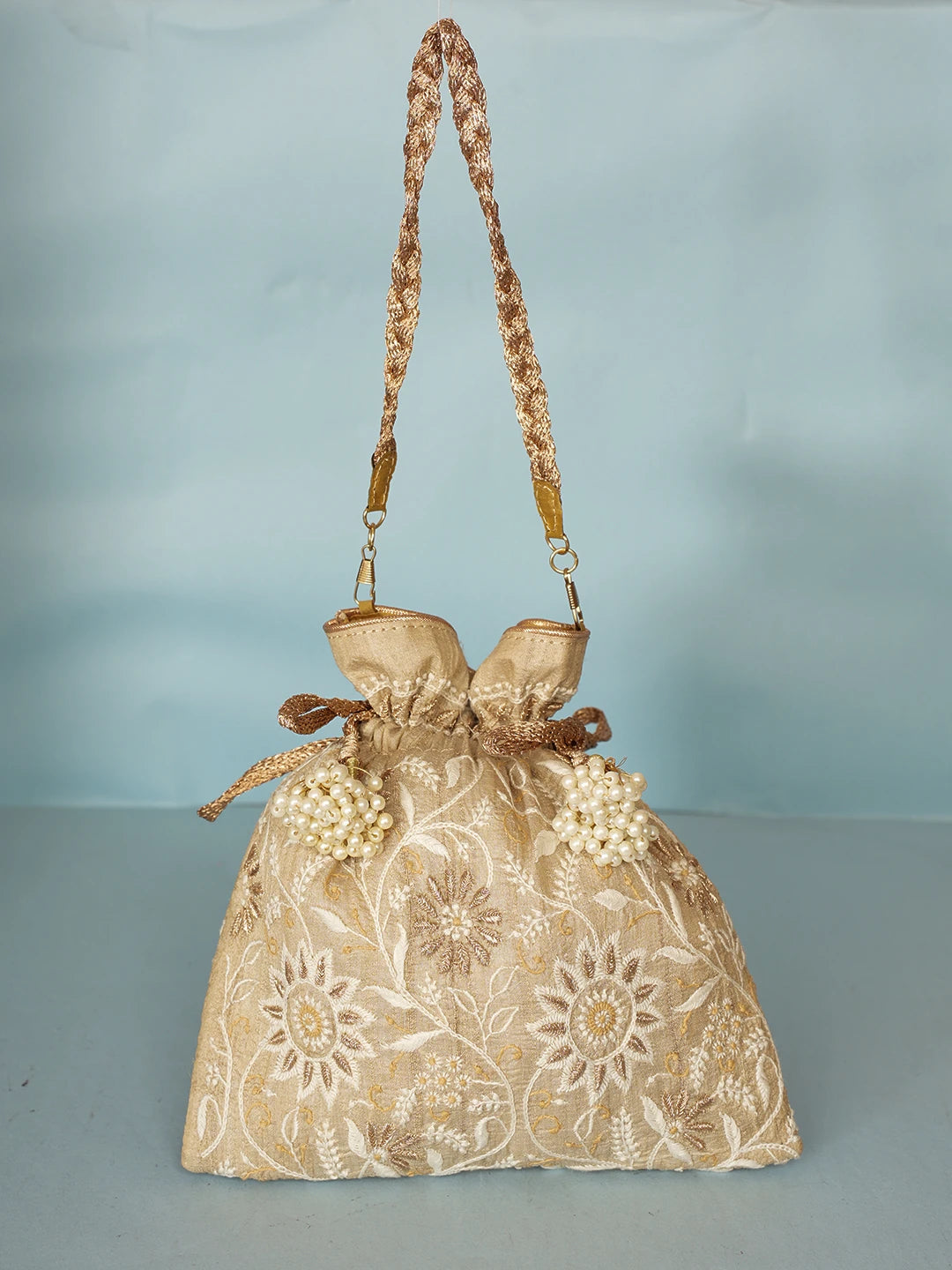 Ada Hand Embroidered Fawn Silk Lucknowi Chikankari Potli Bag With Zari Work 01A578143