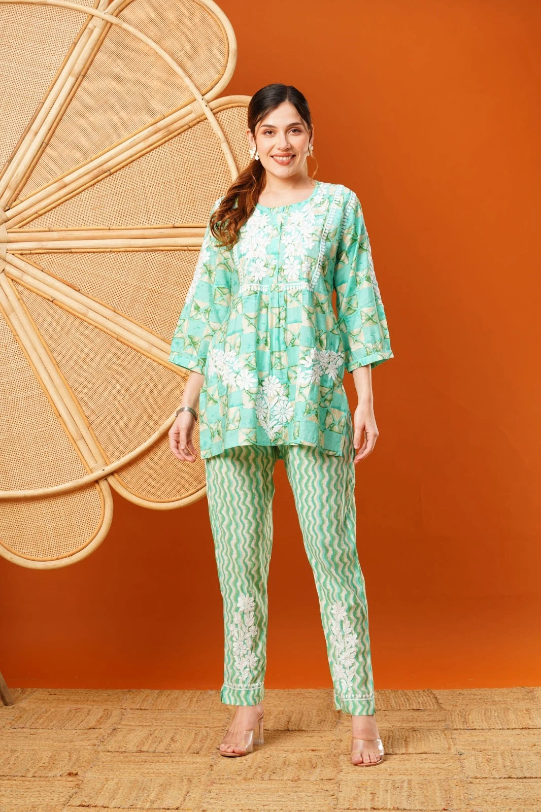 Ada Hand Embroidered Sea Green Chanderi Lucknowi Chikankari Co-Ord Set A811270
