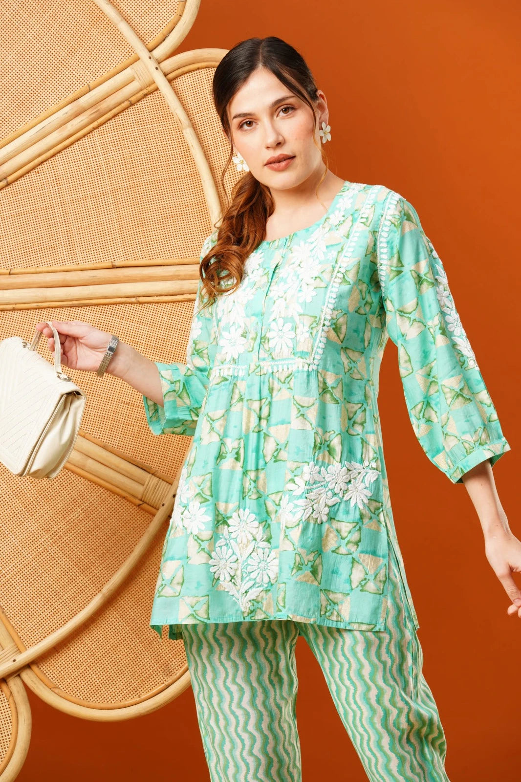 Ada Hand Embroidered Sea Green Chanderi Lucknowi Chikankari Co-Ord Set A811270
