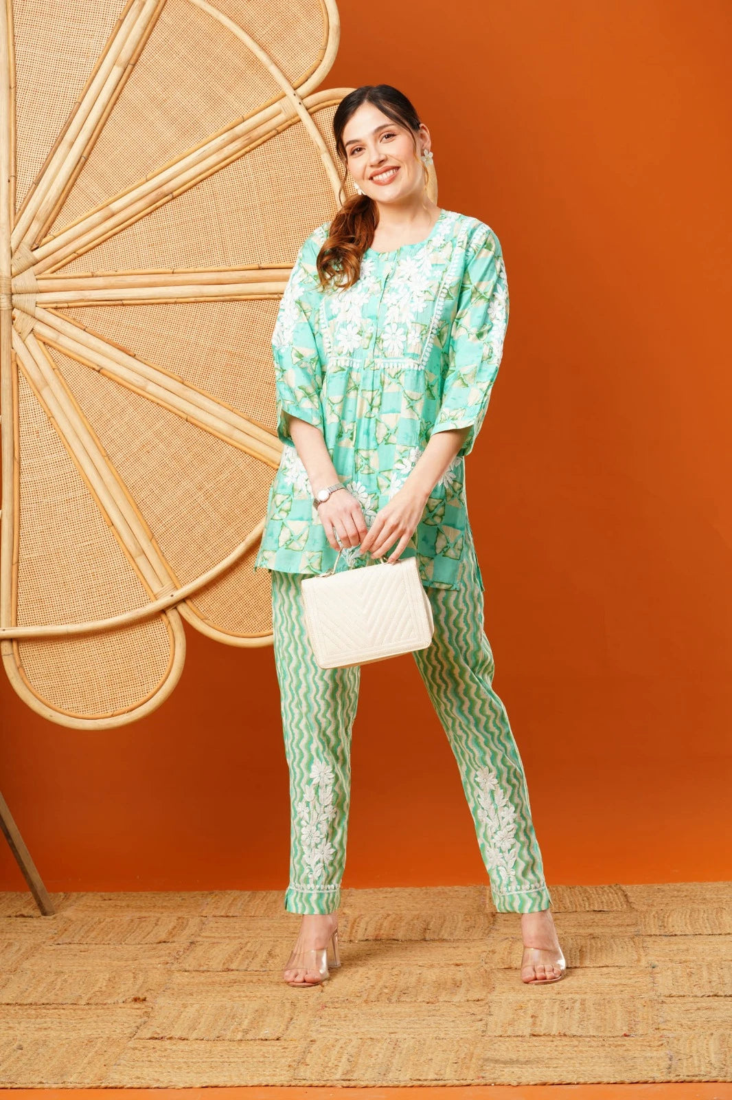 Ada Hand Embroidered Sea Green Chanderi Lucknowi Chikankari Co-Ord Set A811270