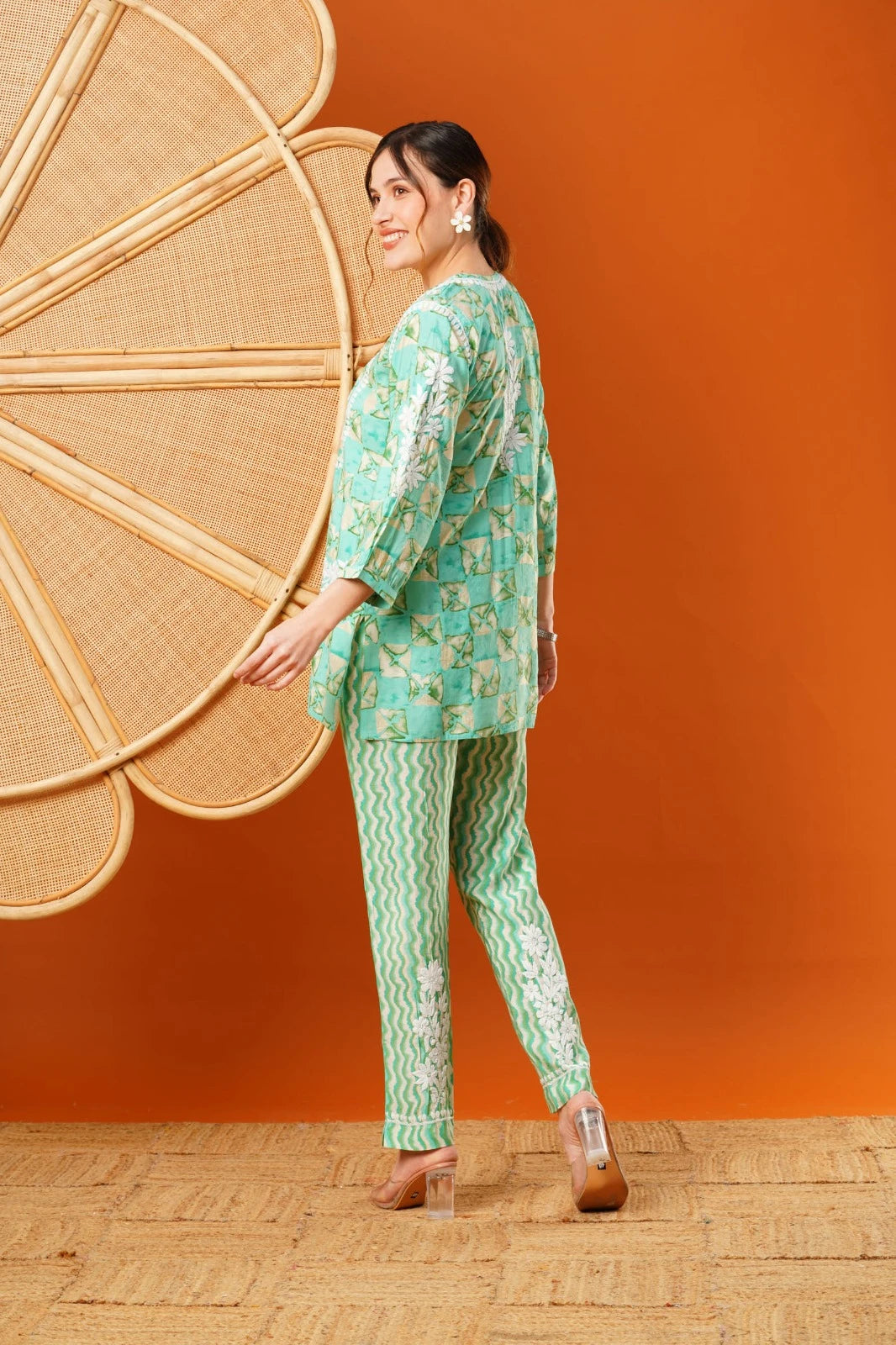 Ada Hand Embroidered Sea Green Chanderi Lucknowi Chikankari Co-Ord Set A811270