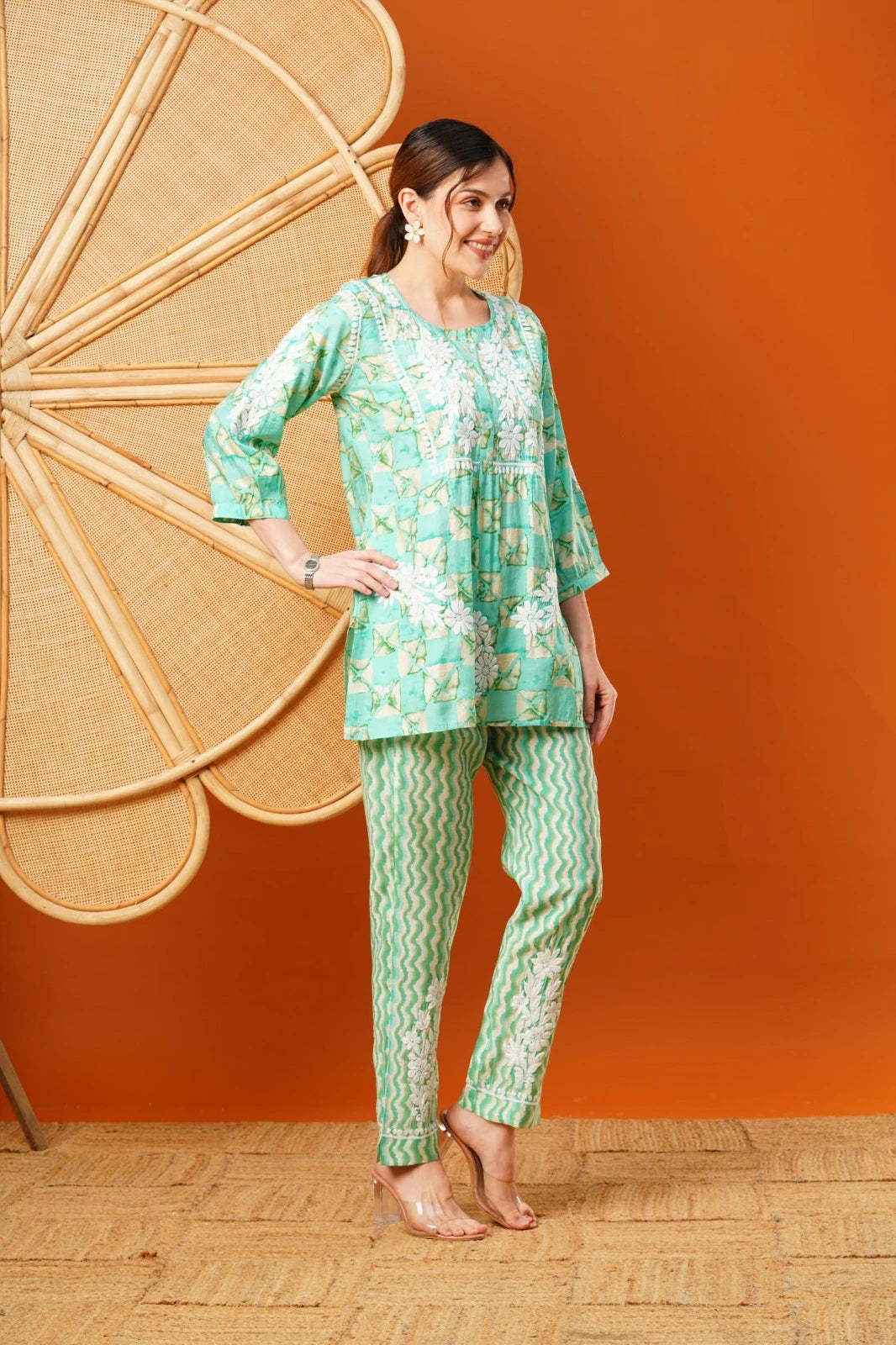Ada Hand Embroidered Sea Green Chanderi Lucknowi Chikankari Co-Ord Set A811270