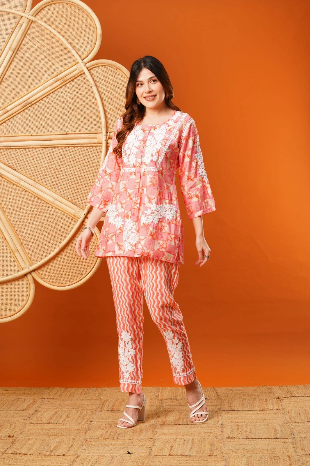 Ada Hand Embroidered Peach Chanderi Lucknowi Chikankari Co-Ord Set A811271