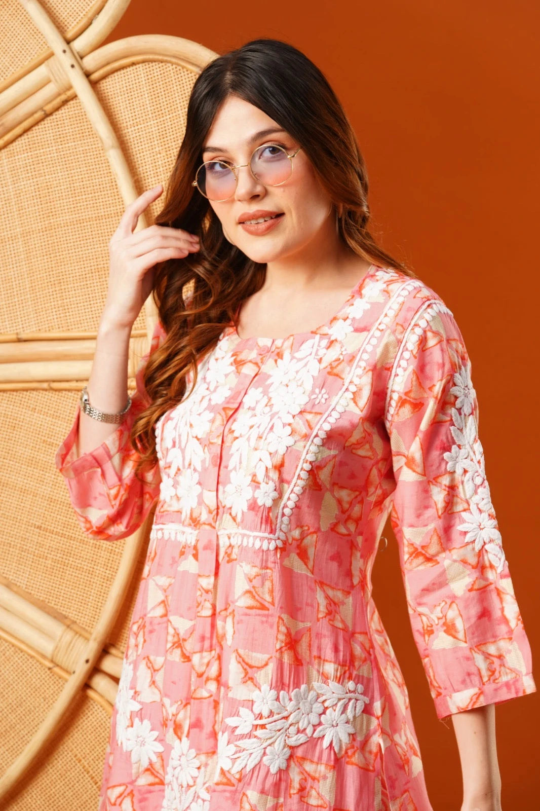 Ada Hand Embroidered Peach Chanderi Lucknowi Chikankari Co-Ord Set A811271