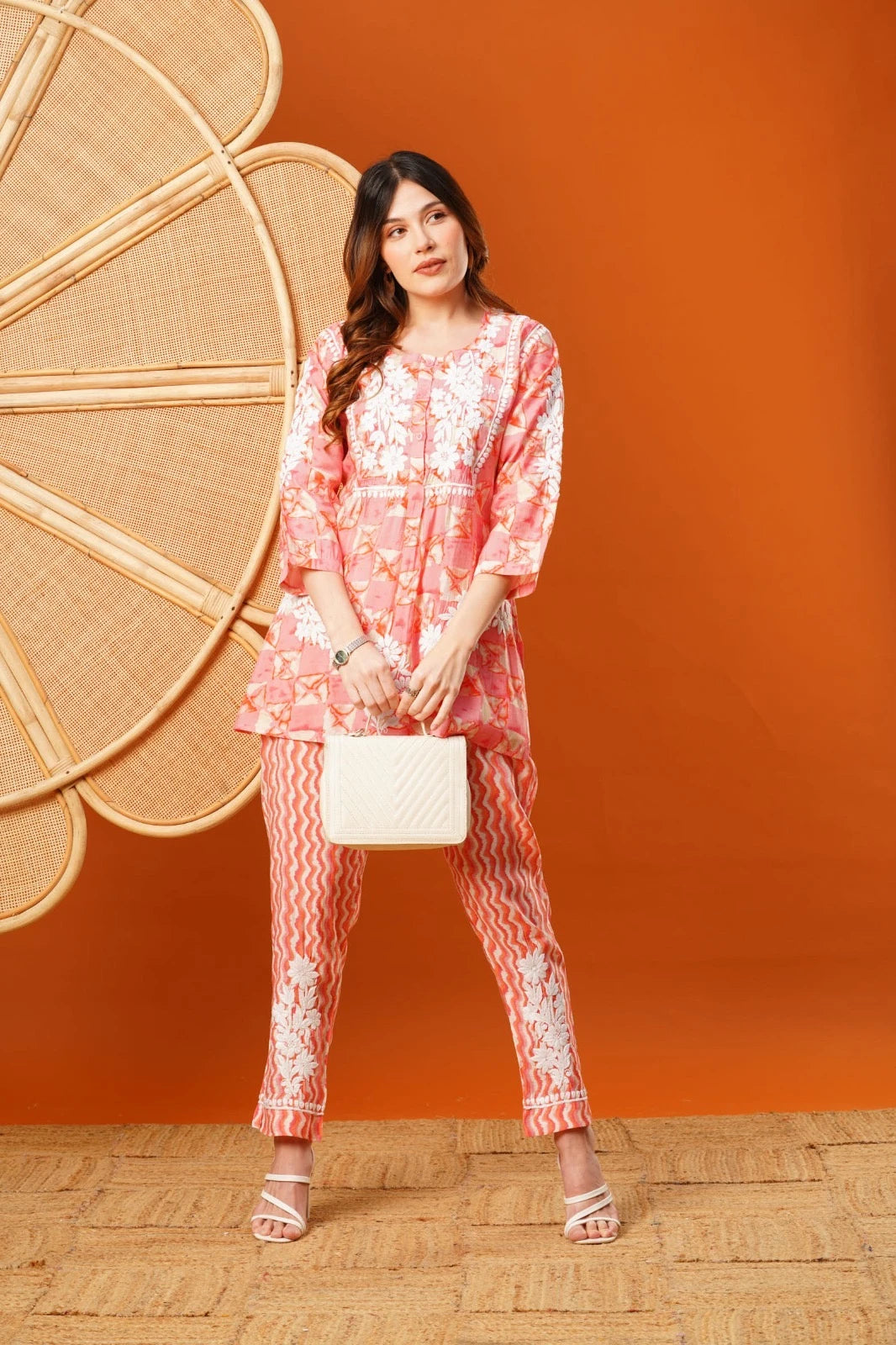 Ada Hand Embroidered Peach Chanderi Lucknowi Chikankari Co-Ord Set A811271