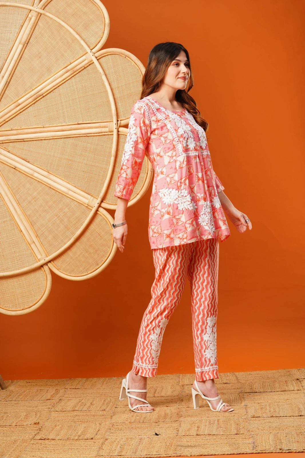 Ada Hand Embroidered Peach Chanderi Lucknowi Chikankari Co-Ord Set A811271
