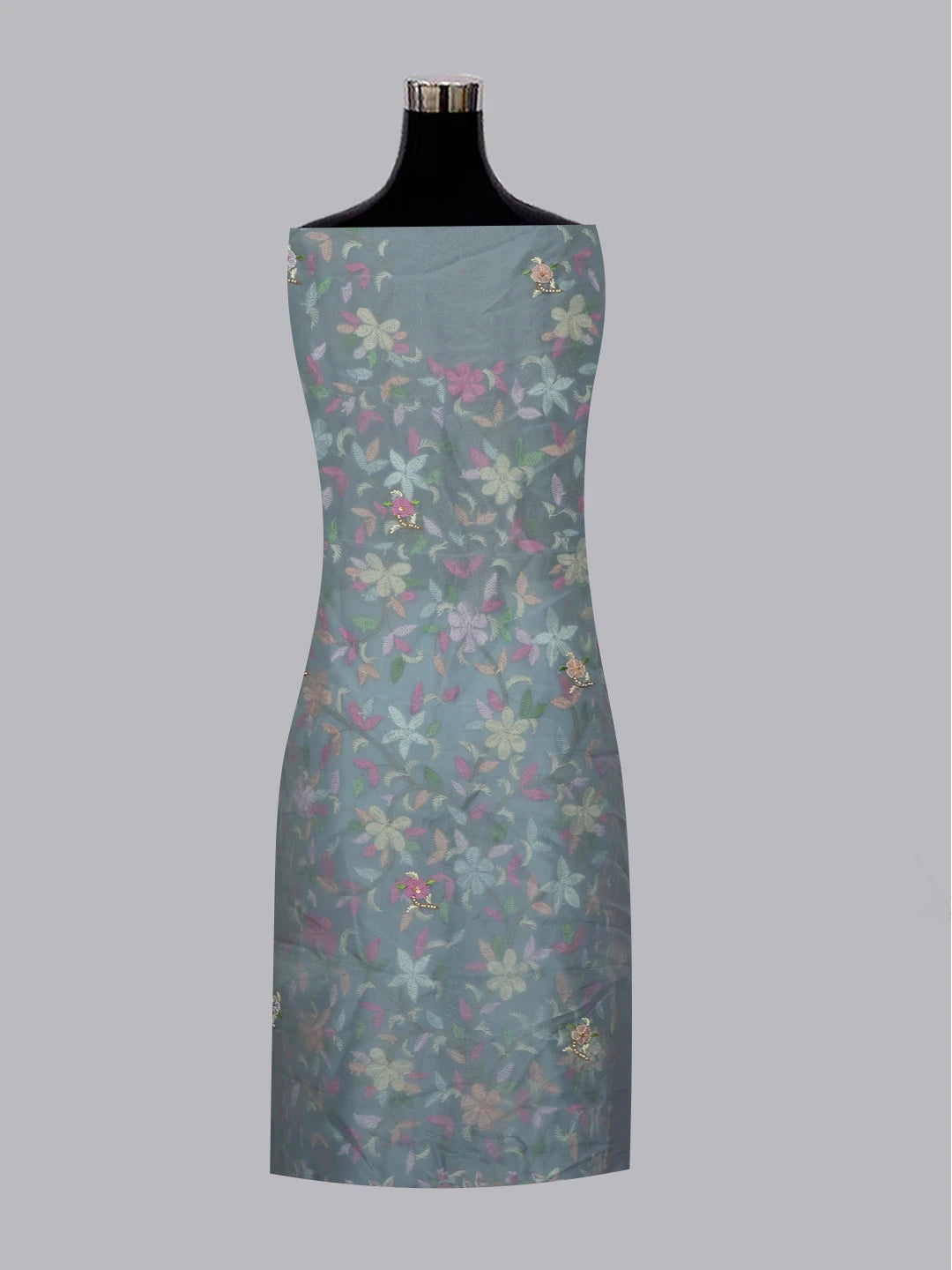Ada Hand Embroidered Grey Organza Lucknowi Chikankari Unstitched Kurta Dupatta Set With Parsi Work 01A564764
