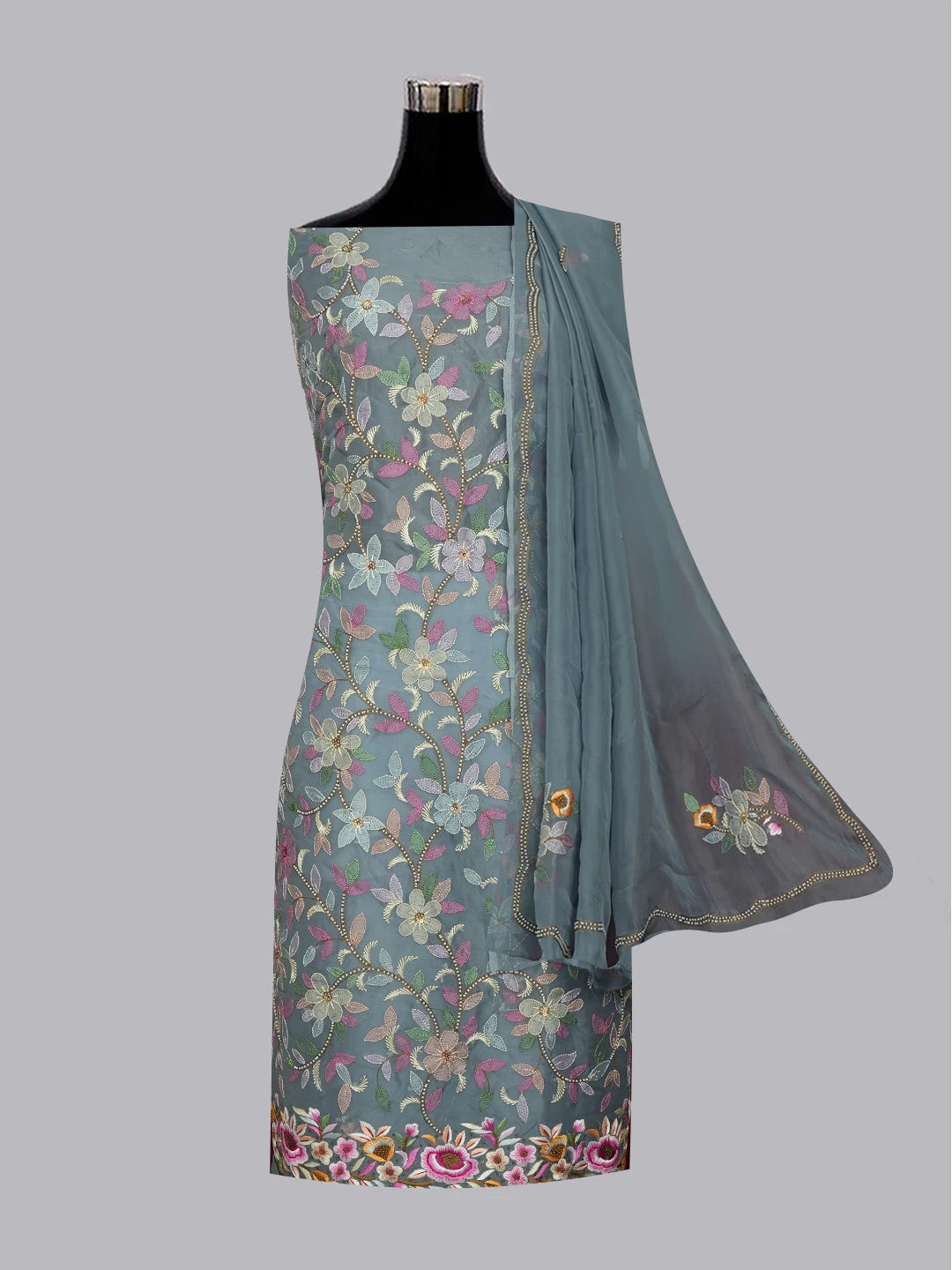 Ada Hand Embroidered Grey Organza Lucknowi Chikankari Unstitched Kurta Dupatta Set With Parsi Work 01A564764