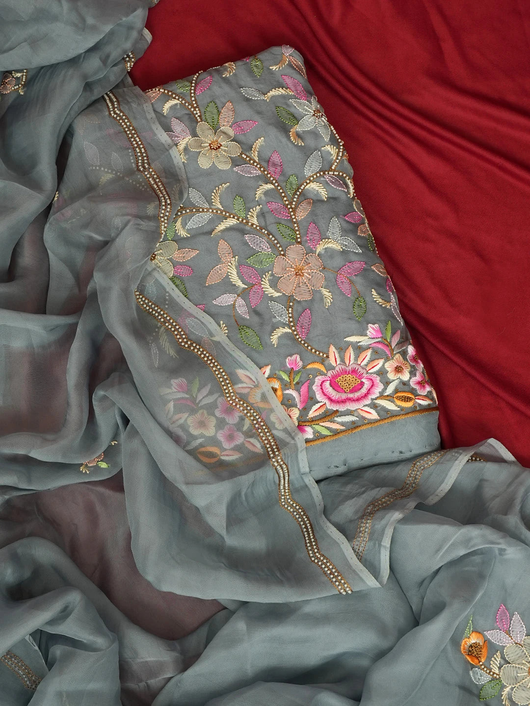 Ada Hand Embroidered Grey Organza Lucknowi Chikankari Unstitched Kurta Dupatta Set With Parsi Work 01A564764