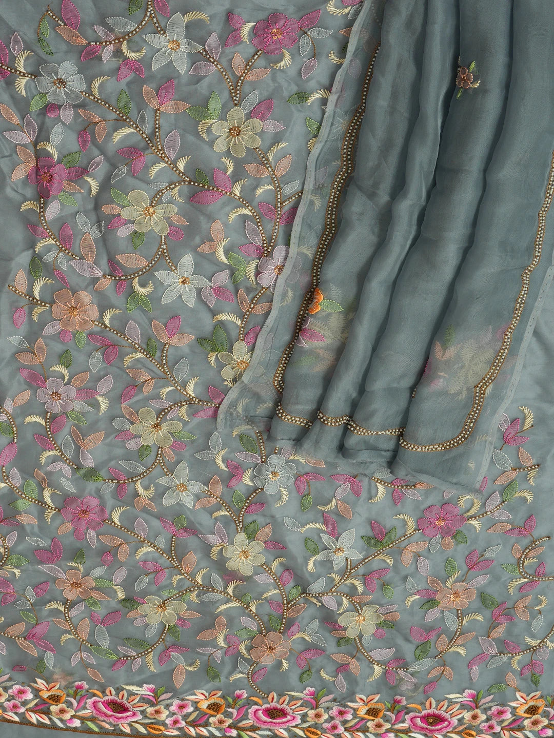Ada Hand Embroidered Grey Organza Lucknowi Chikankari Unstitched Kurta Dupatta Set With Parsi Work 01A564764