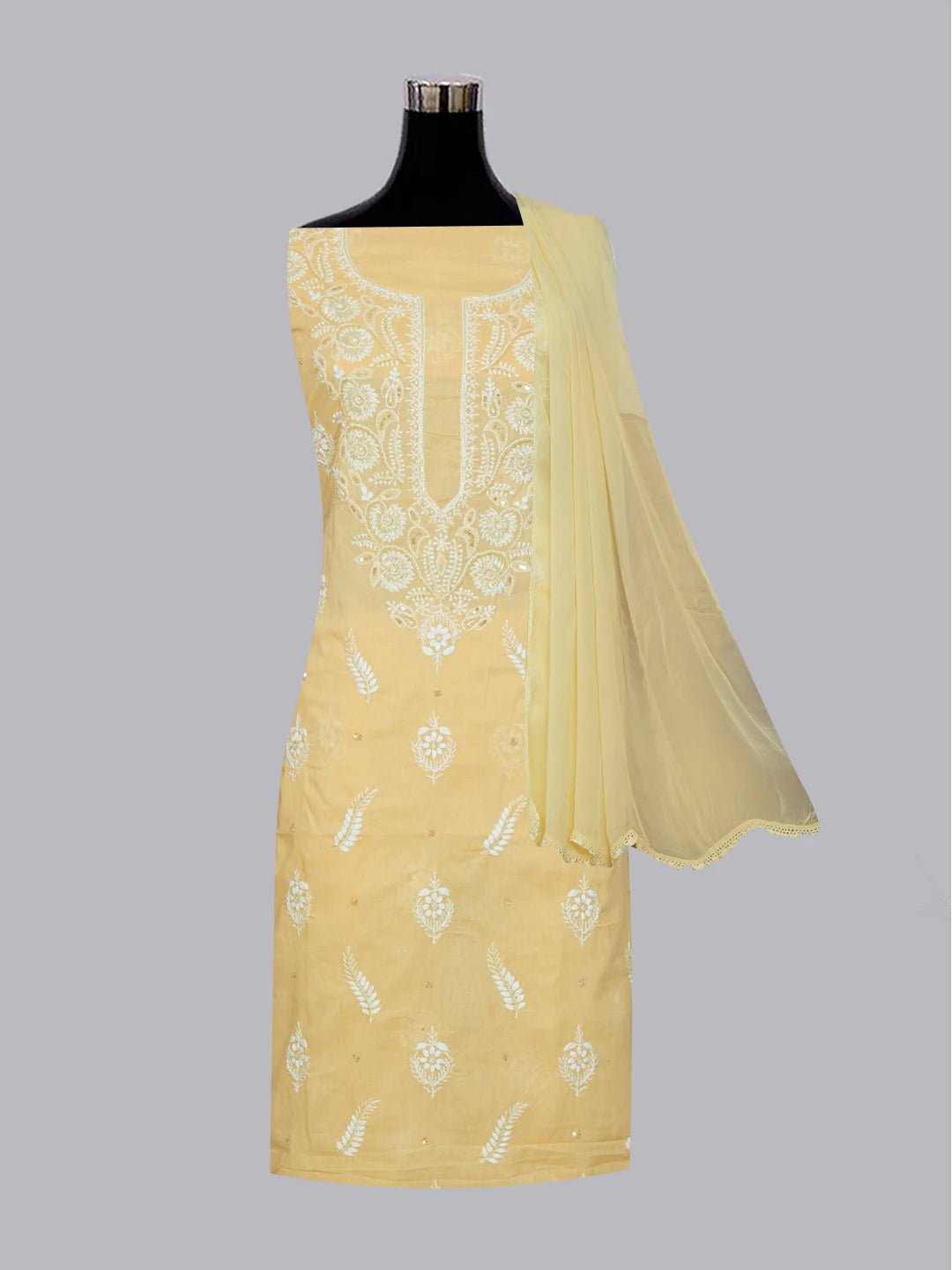 Ada Hand Embroidered Beige Cotton Lucknowi Chikankari Unstitched Suit Piece With Cutdana Work 01A574157