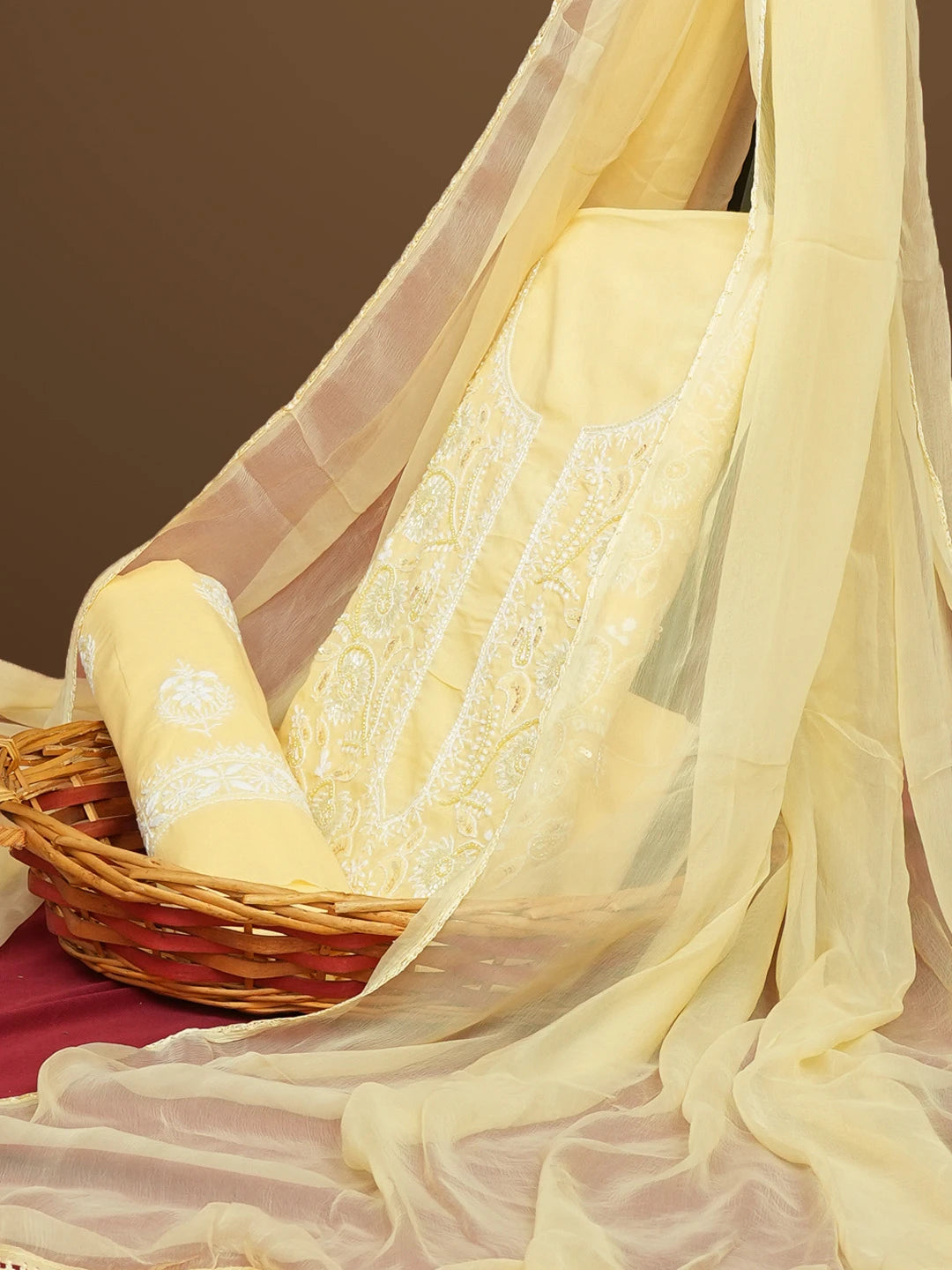 Ada Hand Embroidered Beige Cotton Lucknowi Chikankari Unstitched Suit Piece With Cutdana Work 01A574157