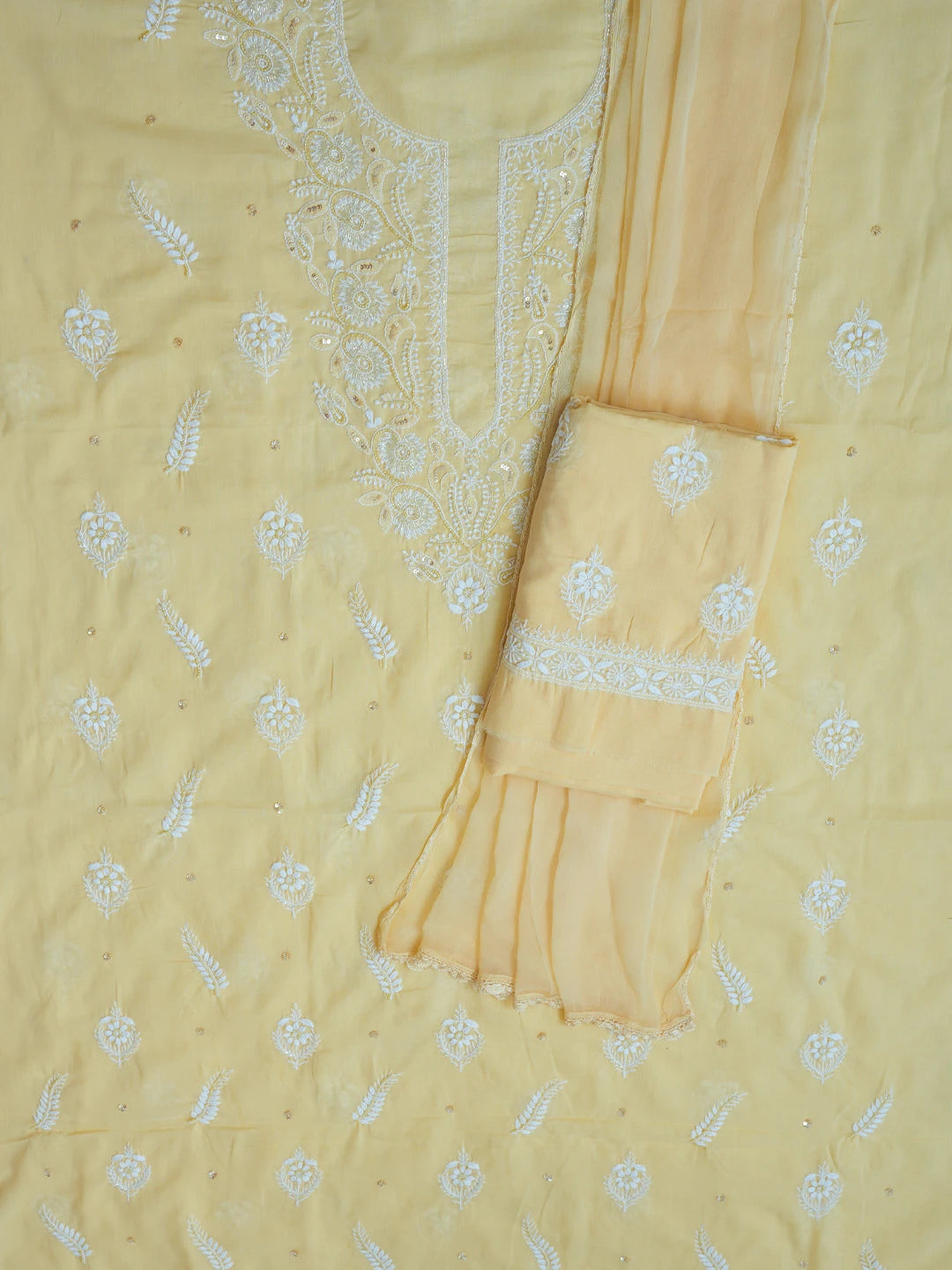 Ada Hand Embroidered Beige Cotton Lucknowi Chikankari Unstitched Suit Piece With Cutdana Work 01A574157