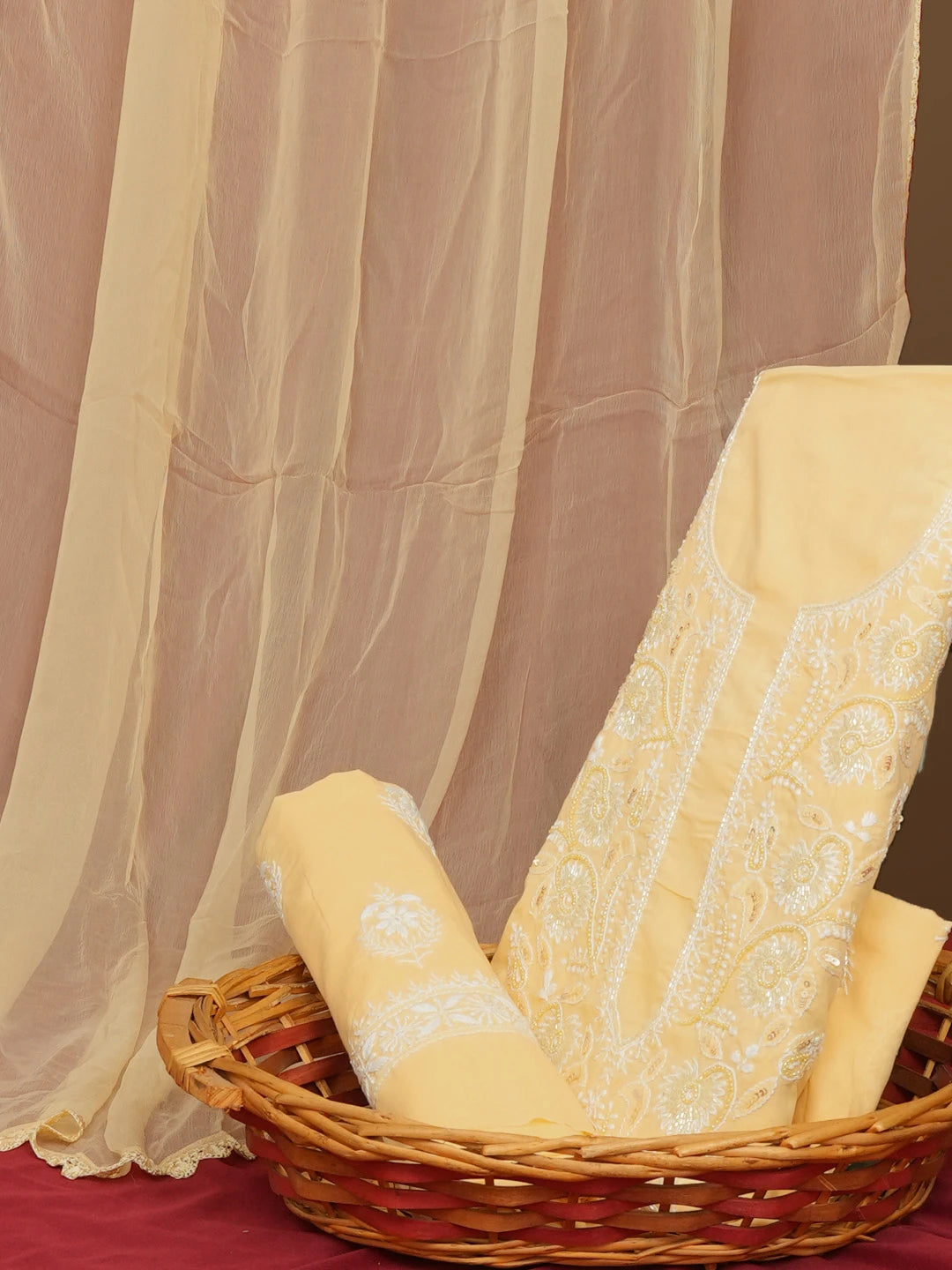 Ada Hand Embroidered Beige Cotton Lucknowi Chikankari Unstitched Suit Piece With Cutdana Work 01A574157