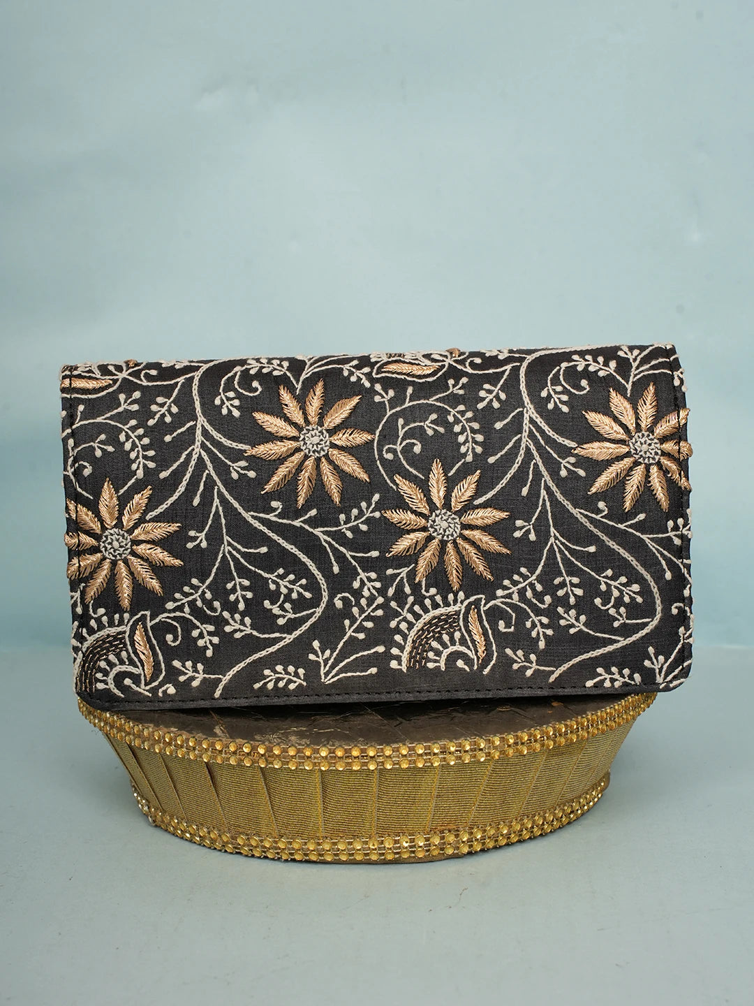 Ada Hand Embroidered Black Silk Lucknowi Chikankari Clutch With Zari Work 01A578297
