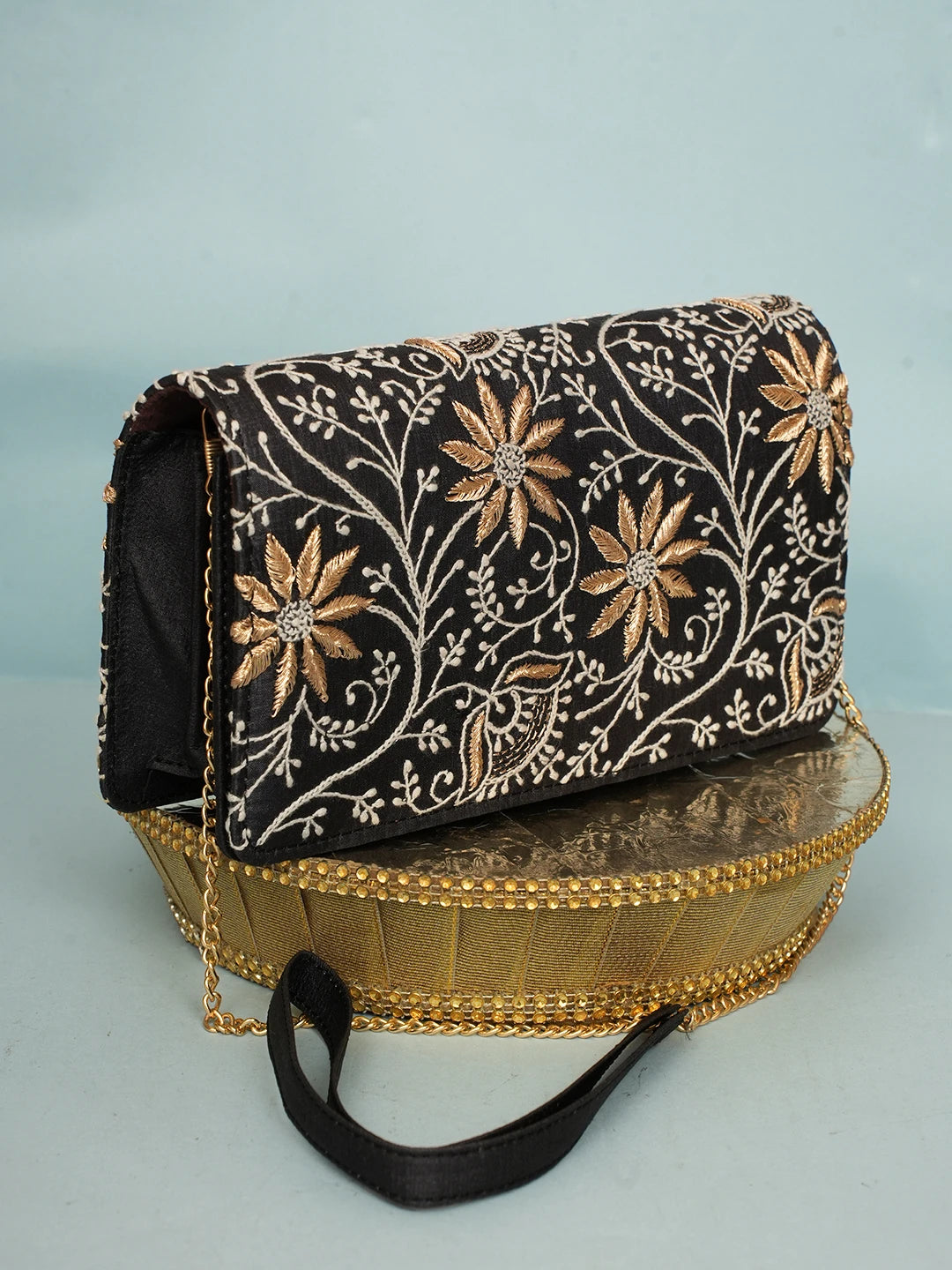 Ada Hand Embroidered Black Silk Lucknowi Chikankari Clutch With Zari Work 01A578297