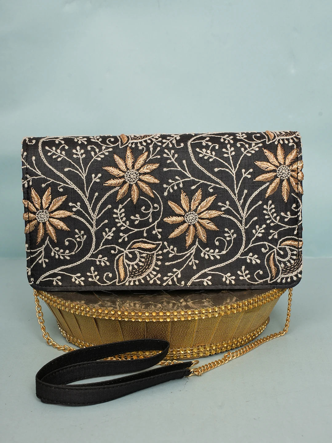 Ada Hand Embroidered Black Silk Lucknowi Chikankari Clutch With Zari Work 01A578297