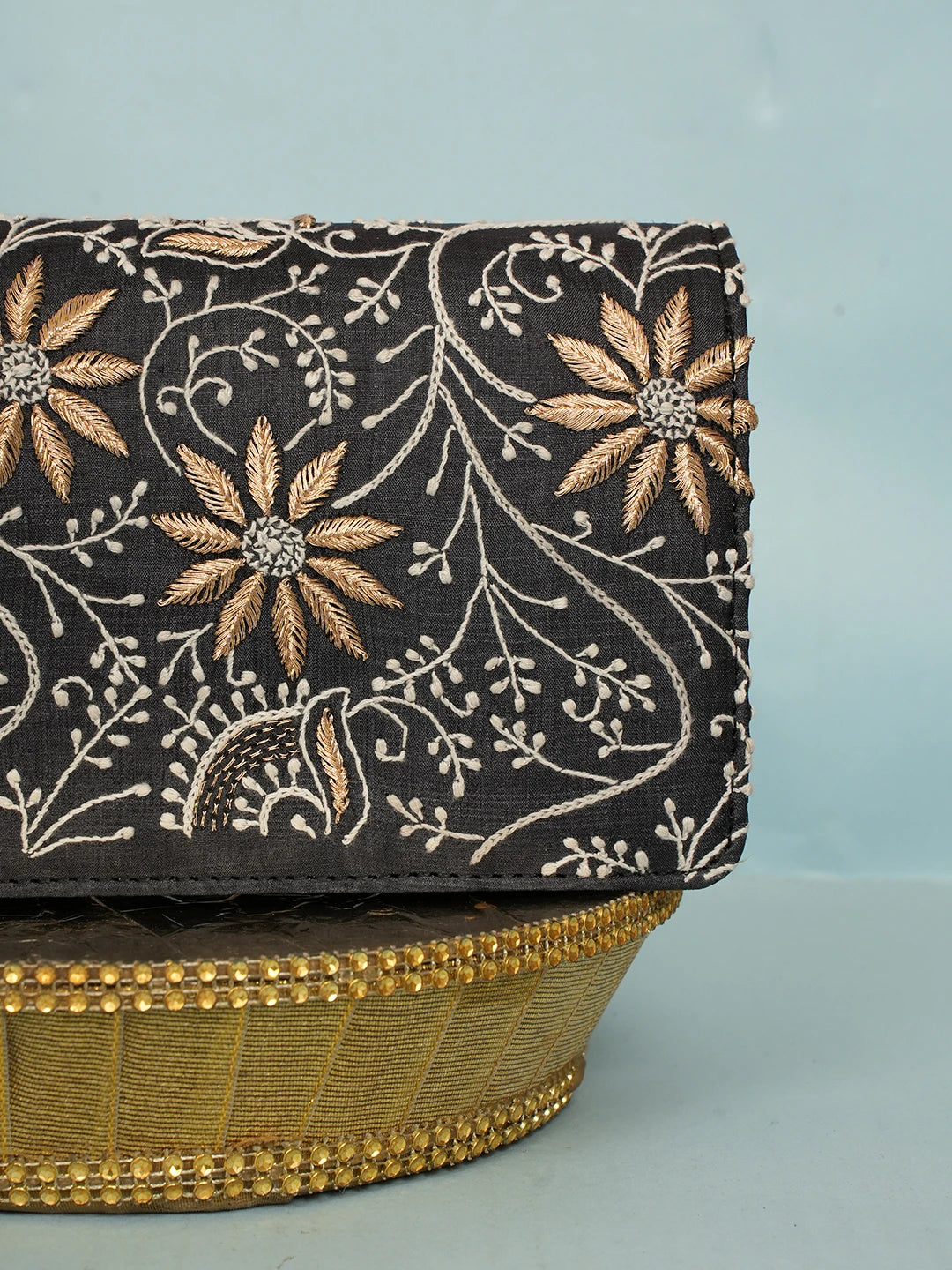Ada Hand Embroidered Black Silk Lucknowi Chikankari Clutch With Zari Work 01A578297