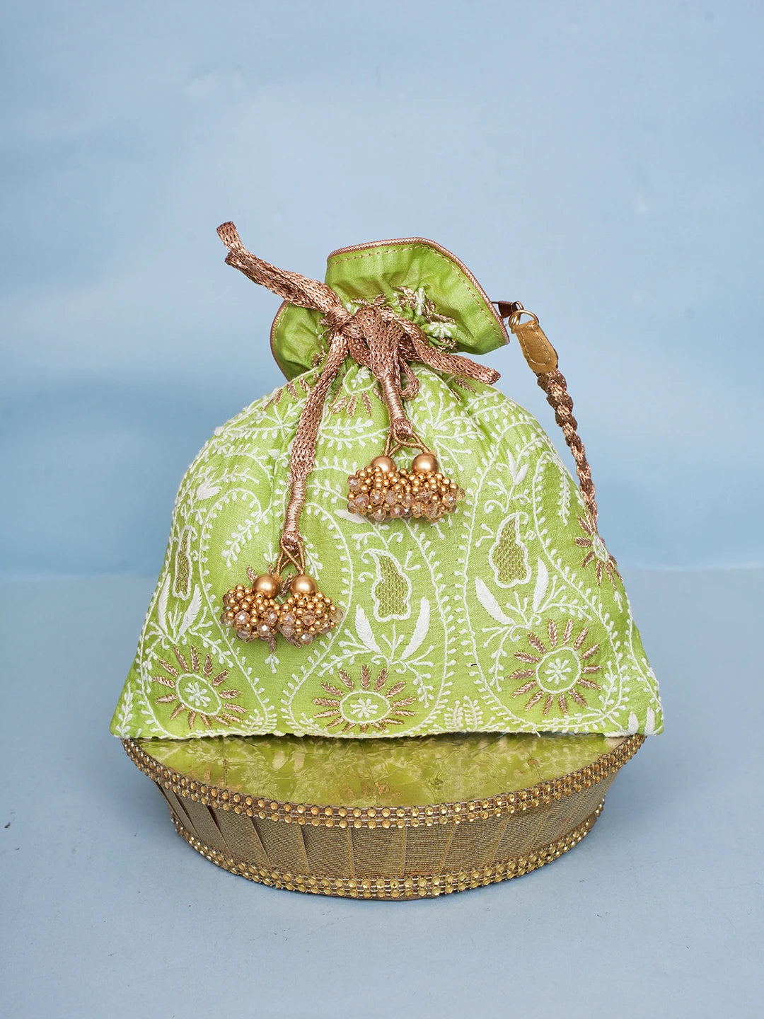 Ada Hand Embroidered Lime Green Silk Lucknowi Chikankari Potli Bag With Zari Work 01A578166