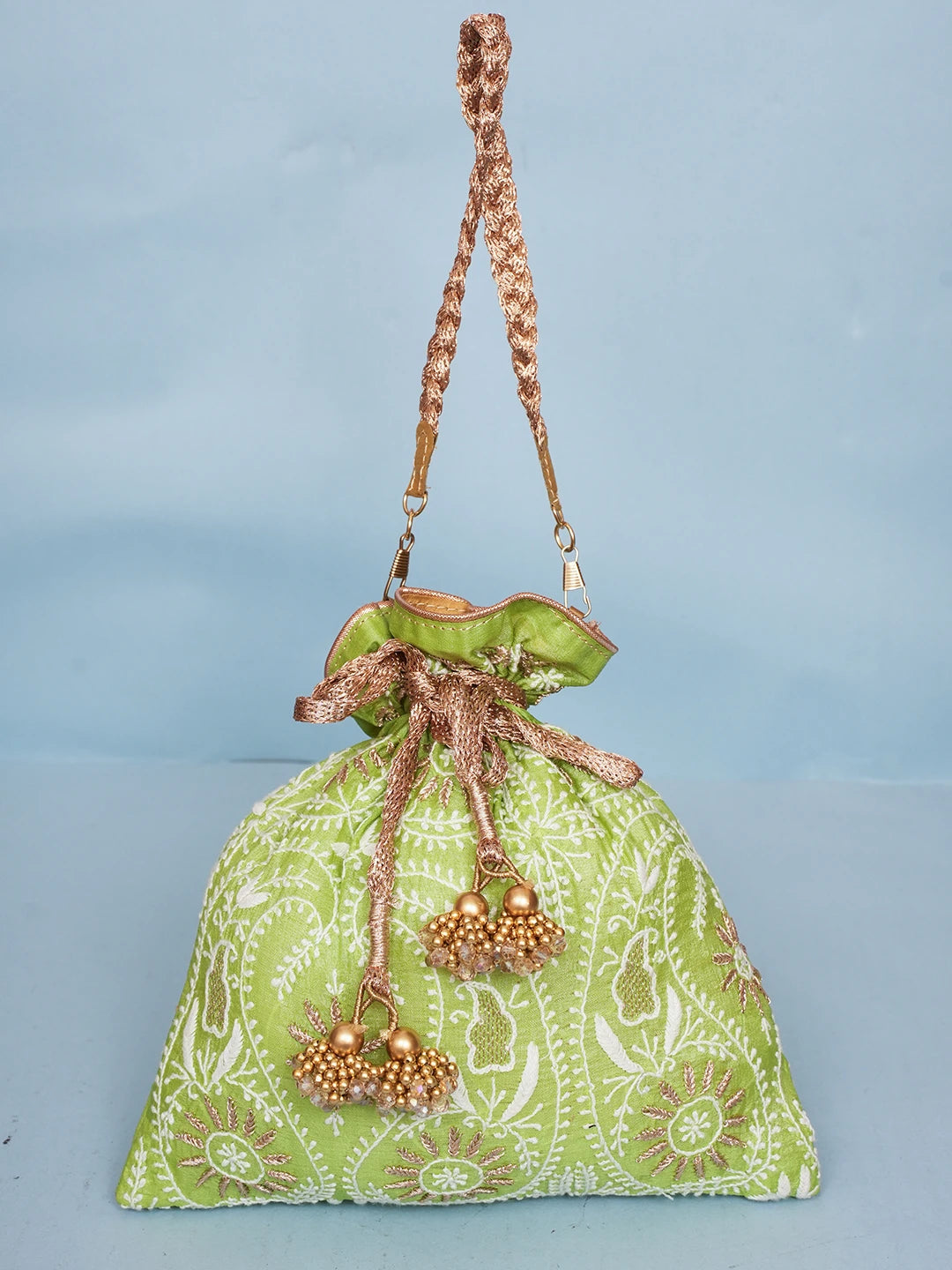 Ada Hand Embroidered Lime Green Silk Lucknowi Chikankari Potli Bag With Zari Work 01A578166